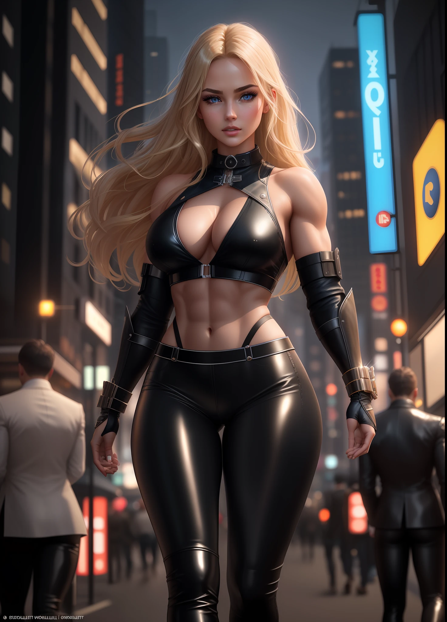 (masterpiece, top quality, best quality, beautiful and aesthetic:1.2), Beautiful Woman with Perfect Figure: 1.4, Highly Detailed Face and Skin Texture, Fine Eyes,  (1girl), (Left Face Scar), (28 years old, sexy mature), (Waistcoat line, thin waist, buttocks), (shiny Blue jacket), ((Big blue eyes, long eyelashes)), ((Pout)), ((Firm nose)), (Real skin details), Detailed face, beautiful shiny blonde hair, ((black leather pants)), muscular, collar, abs, (mid-chest hard), (leg muscle lines),  black metal bracers,  silver circuit lines on bracers, bare shoulders 

neon lights, bustling and lively streets, tall buildings in the distance, night

Best Light, Best Shadow, Edge Light, Dynamic Action, Ray Tracing, Unreal Engine 5