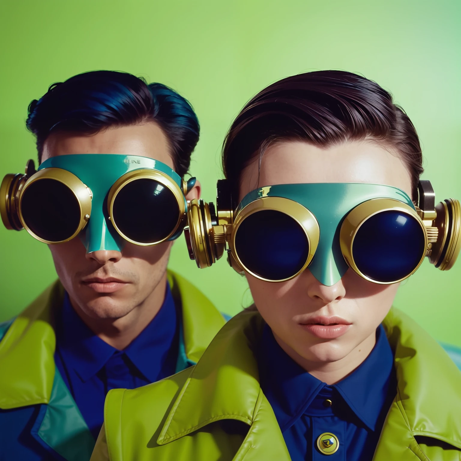 4k image from a 1960s science fiction film by Wes Anderson, Filme O Grande Hotel Budapeste, pastels colors, Young people wearing retrofuturistic alien glasses and holding colorful suitcases and chests on the bus, Retro-futuristic fashion clothes from the 60s with old robots, Luz Natural, Psicodelia, futurista estranho, retro-futurista, photo-realistic, Sharp background details.