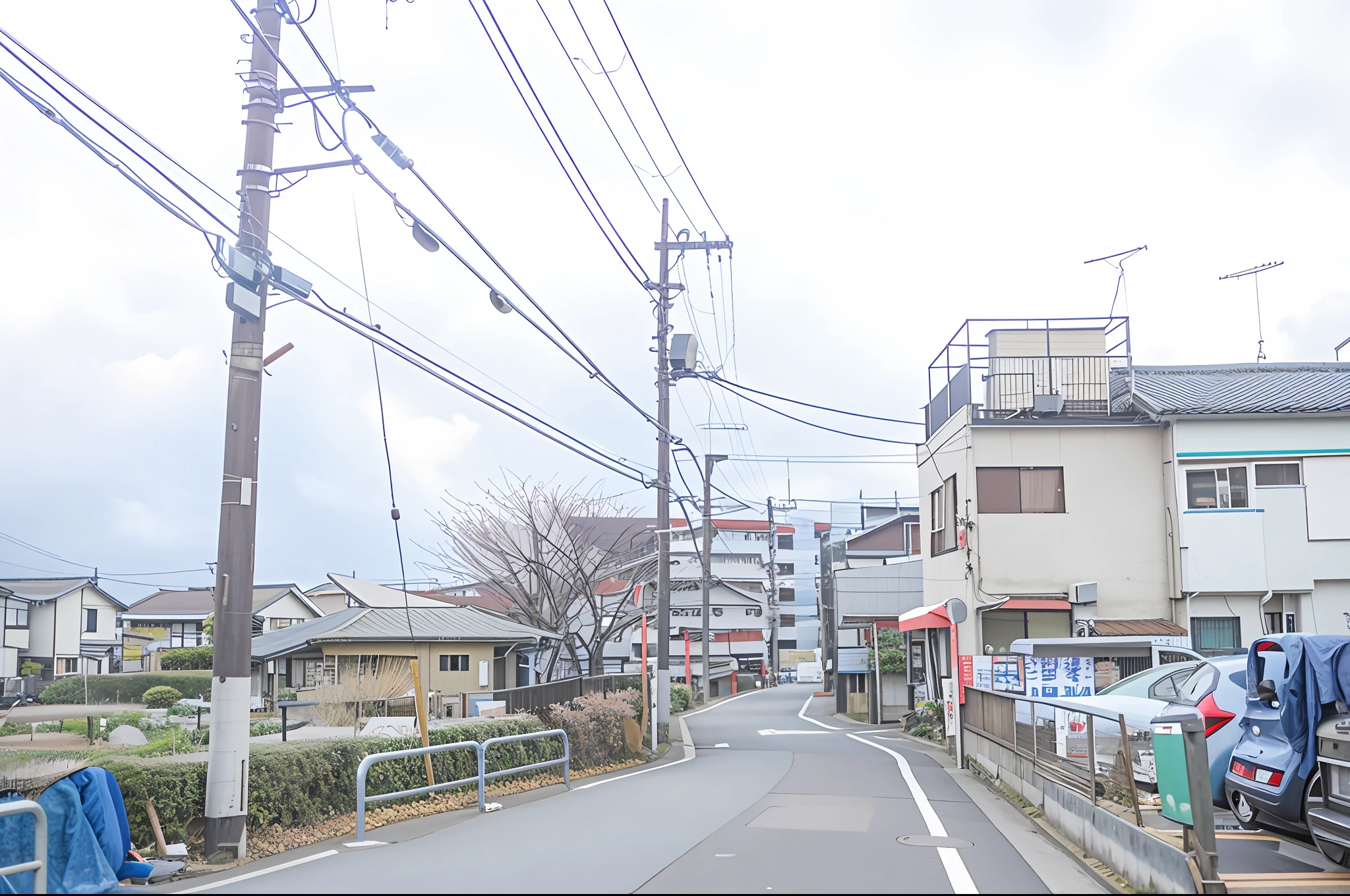 there is a car that is parked on the side of the road, Residential area, photograph of the city street, japanese street, japanese neighborhood, taken with sigma 2 0 mm f 1. 4, japanese town, japanese rural town, street level view, Tokyo - esque town, 2 4 mm iso 8 0 0, single street, 2 4 mm iso 8 0 0 color