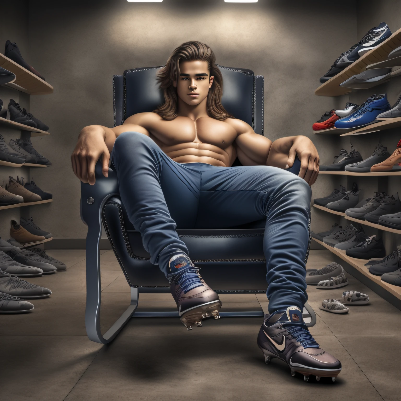 An 18-year-old boy musclejock, embodying the perfect fusion of Joey Lawrence and Spencer Boldman with long hair, reclining in a chair with his legs spread, Nike cleats up, dirty cleats facing viewer. Enhanced with HDR technology, this image depicts a true masterpiece, 4K resolution,  feet POV, foreshortened perspective, flawlessly rendered anatomy,  Detailed illustration of shoes with exquisite realism and skilled craftsmanship.