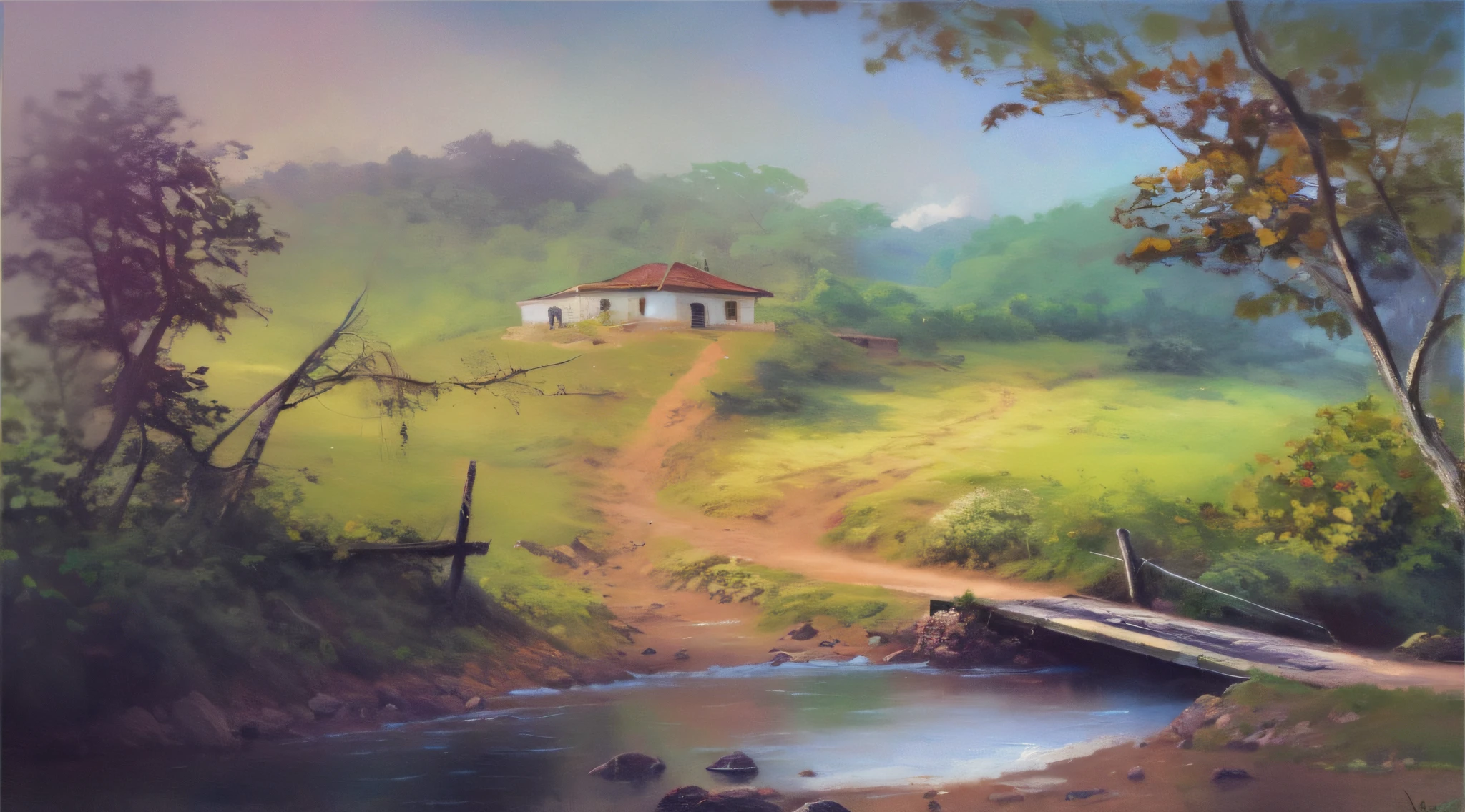 pintura de um rio que atravessa um vale verde exuberante com uma ponte, paisagem campestre anime, Pintura digital 4K, Pintura digital 4k, arte conceitual de pintura digital, vale exuberante, pintura digital bonita, WLOP e RHADS, Arte de fundo, scenery artwork, baixo detalhamento. pintura digital, 8k resolution digital painting, 8k resolution digital painting, pintura digital detalhada