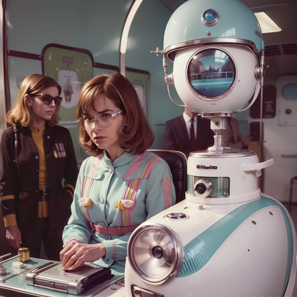 4k image from a 1960s science fiction film by Wes Anderson, Filme O Grande Hotel Budapeste, pastels colors, Young people wearing retrofuturistic alien glasses and holding colorful suitcases and chests on the bus, Retro-futuristic fashion clothes from the 60s with old robots, Luz Natural, Psicodelia, futurista estranho, retro-futurista, photo-realistic, Sharp background details.