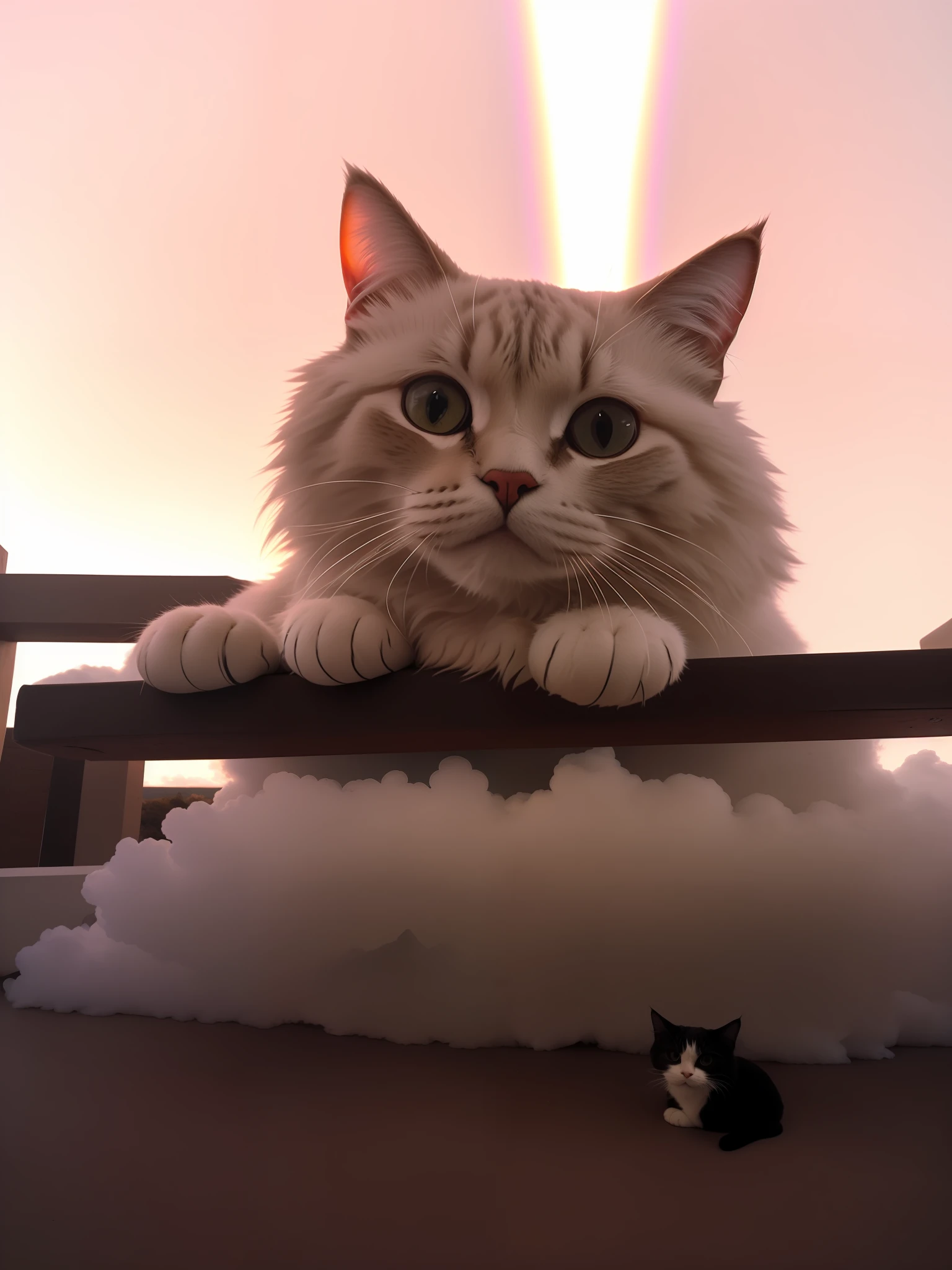 There's a cat that's lying on top of a cloud on top of a rainbow., he is very relaxed, facing toward camera, sentado en su trono, Gato , muy guapo, Aspecto orgulloso, foto del gato, descansando en su trono en el cielo,taken on a 2010s camera, holding it out to the camera, fondo con nubes, gato con alas