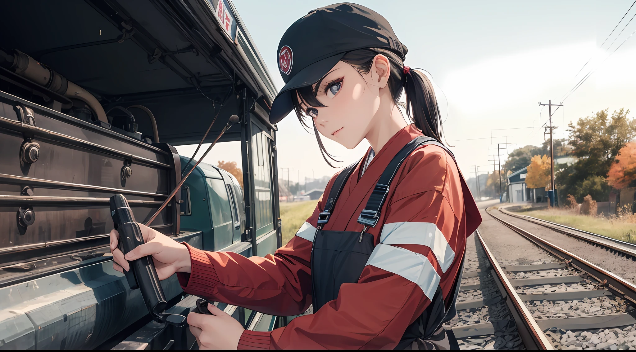 Photo, femele(22)、 Female mechanic working on a railway, Cute, There are colored contacts in her eyes,校服、 Doing vehicle maintenance, Full body , in autumn