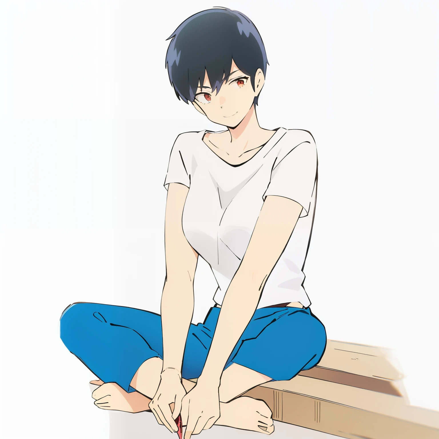 Short-haired and boyish girl、white  shirt、jeans、A smile、Eating watermelon