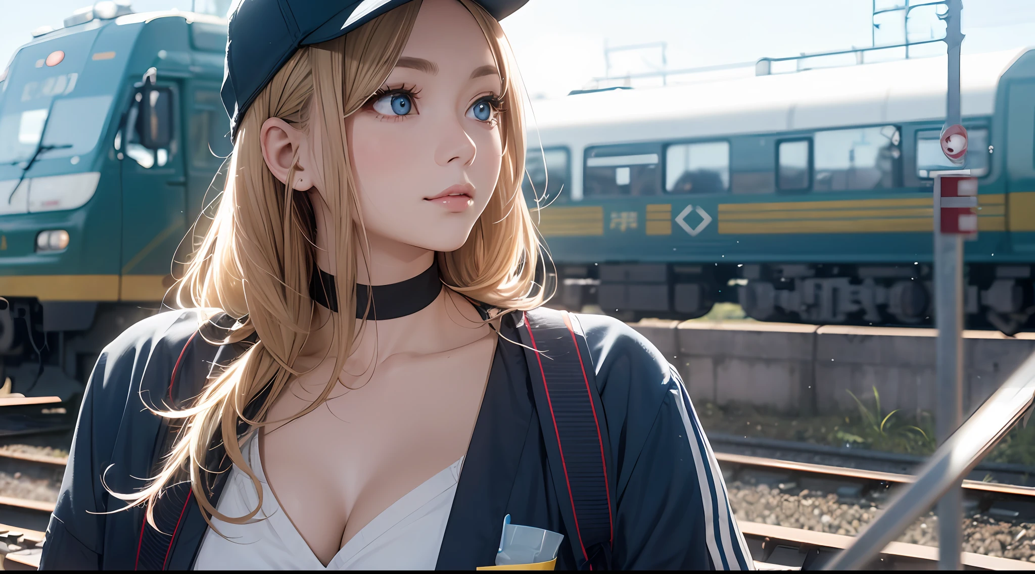 Photo, femele(22)、 Female mechanic working on a railway, Cute, There are colored contacts in her eyes,校服、 Doing vehicle maintenance, Full body , in autumn