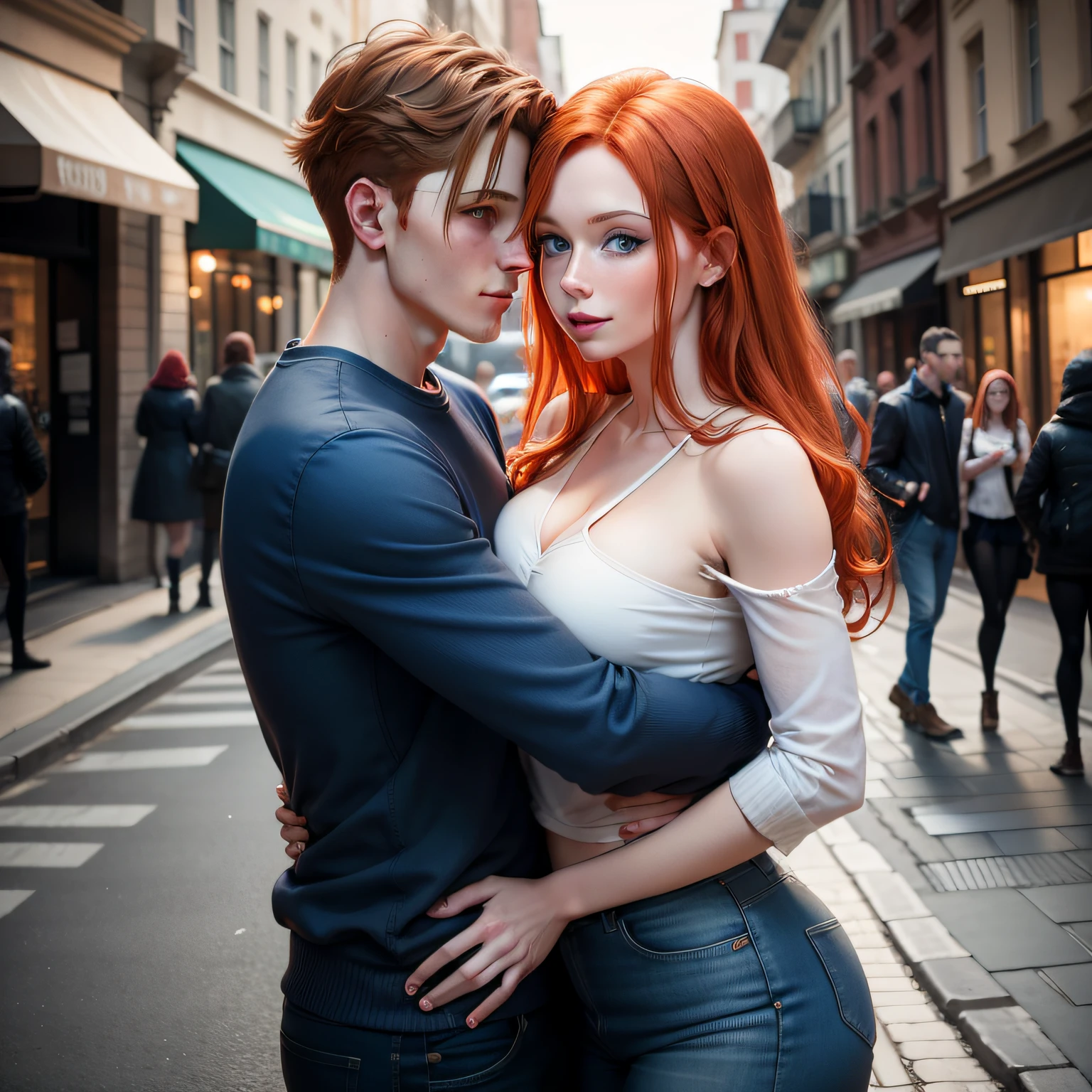 redhead woman with blue eyes hugging her boyfriend on the street