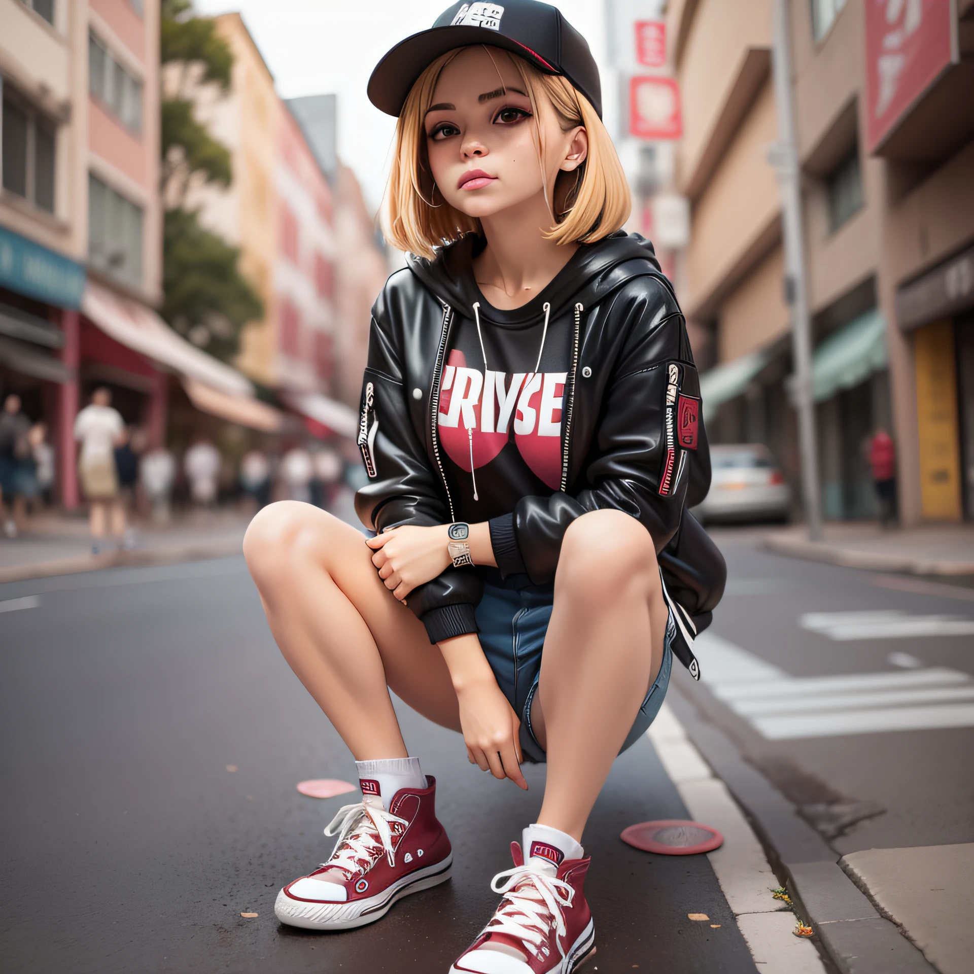 uma garotinha, Skate, wearing converse sneakers, estilo cyberpunk, cabelo castanho