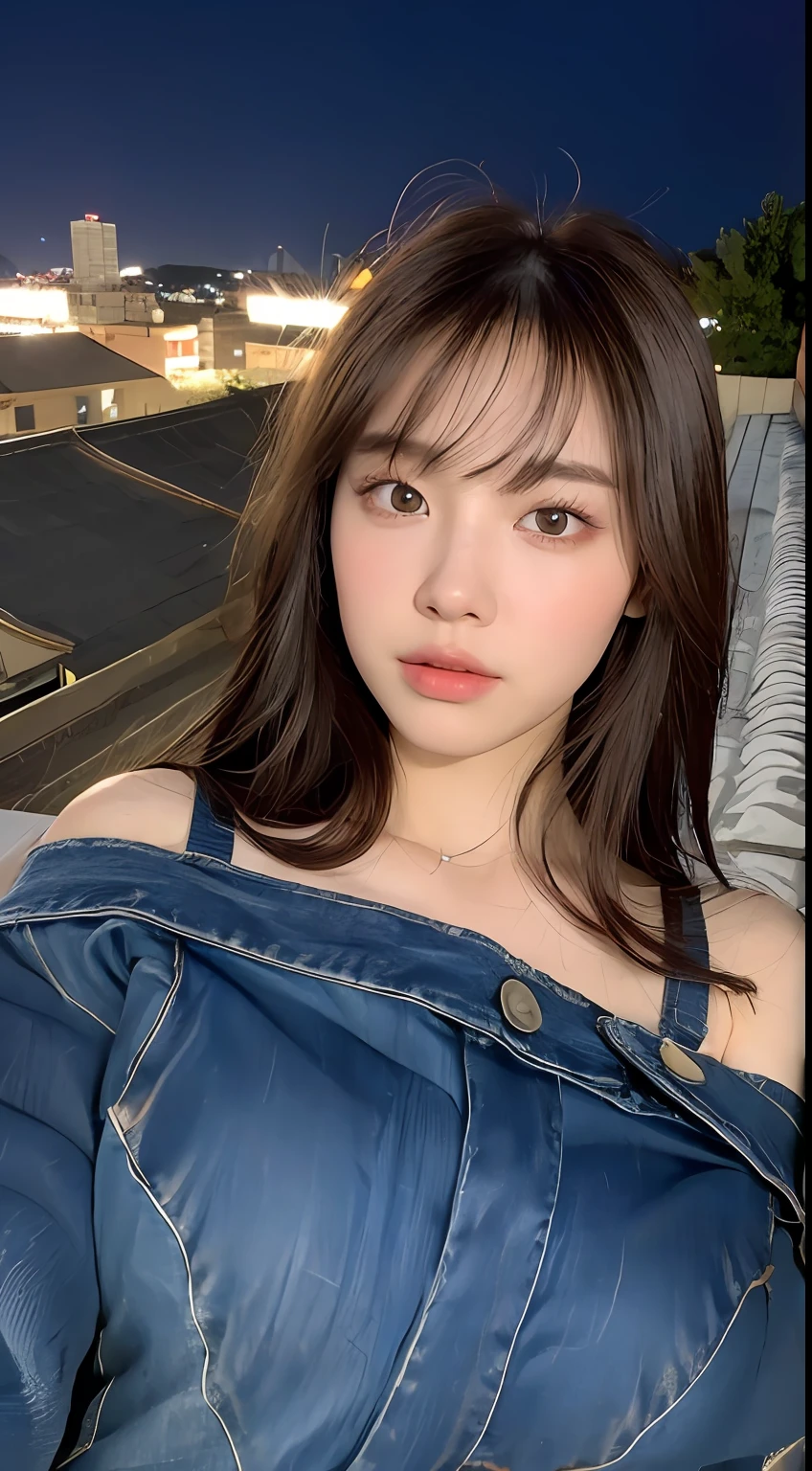 ((Midnight, Excellent, 8K, Masterpiece: 1.3)), Full body, Long legs, Focal length: 1.2, Perfect Body Beauty: 1.4, Slim Abs: 1.1, ((Dark Brown Hair, Big Breasts: 1.2 )), (White Skinny T-shirt, Denim Biggies, Standing: 1.2), ((City Night, Roof: 1.3)), Highly detailed face and skin texture, Detailed eyes, Double eyelids, Total nudity
