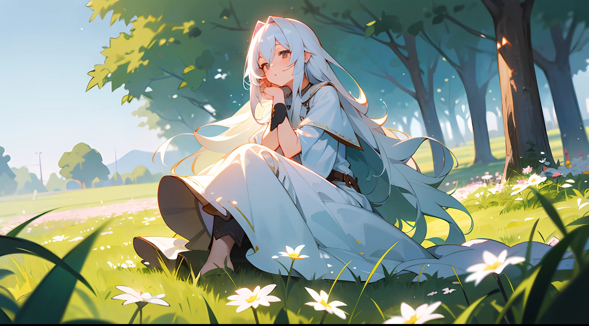 （tmasterpiece，best qualtiy），1 girl with long white hair sitting in a field of greenery and flowers，her hand under her chin，warmly lit，white dresses，Blurred foreground，Leaking out of the soles of the feet --auto