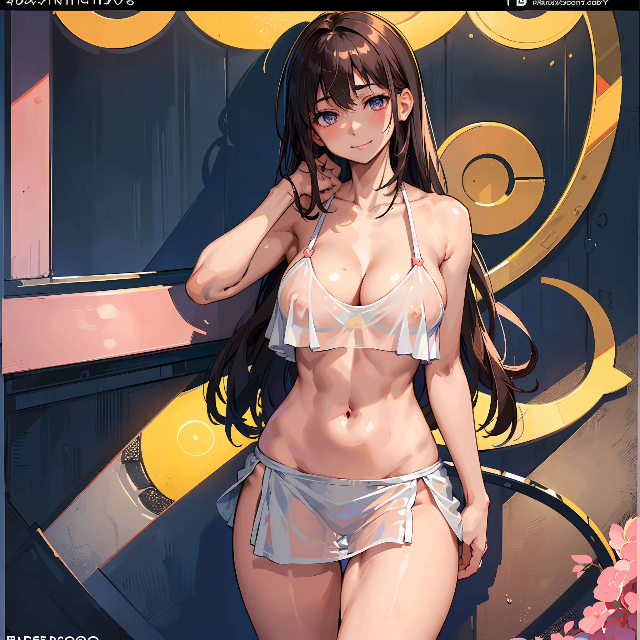 (masterpiece), (top-quality), A Ultra Small towel in the crotch, A Ultra Small towel on your chest, (cover the crotch with your hand:1.3), (cover the chest with your hand:1.3), (See-through:1.5), Thin fabric, (blushed face:1.3), (barechested:1.3), (Spilling boobs:1.4), (realistic:1.2), under the boobs, side boob is visible, a beauty girl, precise hands, Embarrassed look, Smile, Very cute, Clear eyes, Shining eyes, big breast, Tummy is visible, cleavage of the breast, the lower abdomen is visible, The crotch is visible, No pubic hair, The beautiful skin, ultra-definition, Top resolution, brown hair