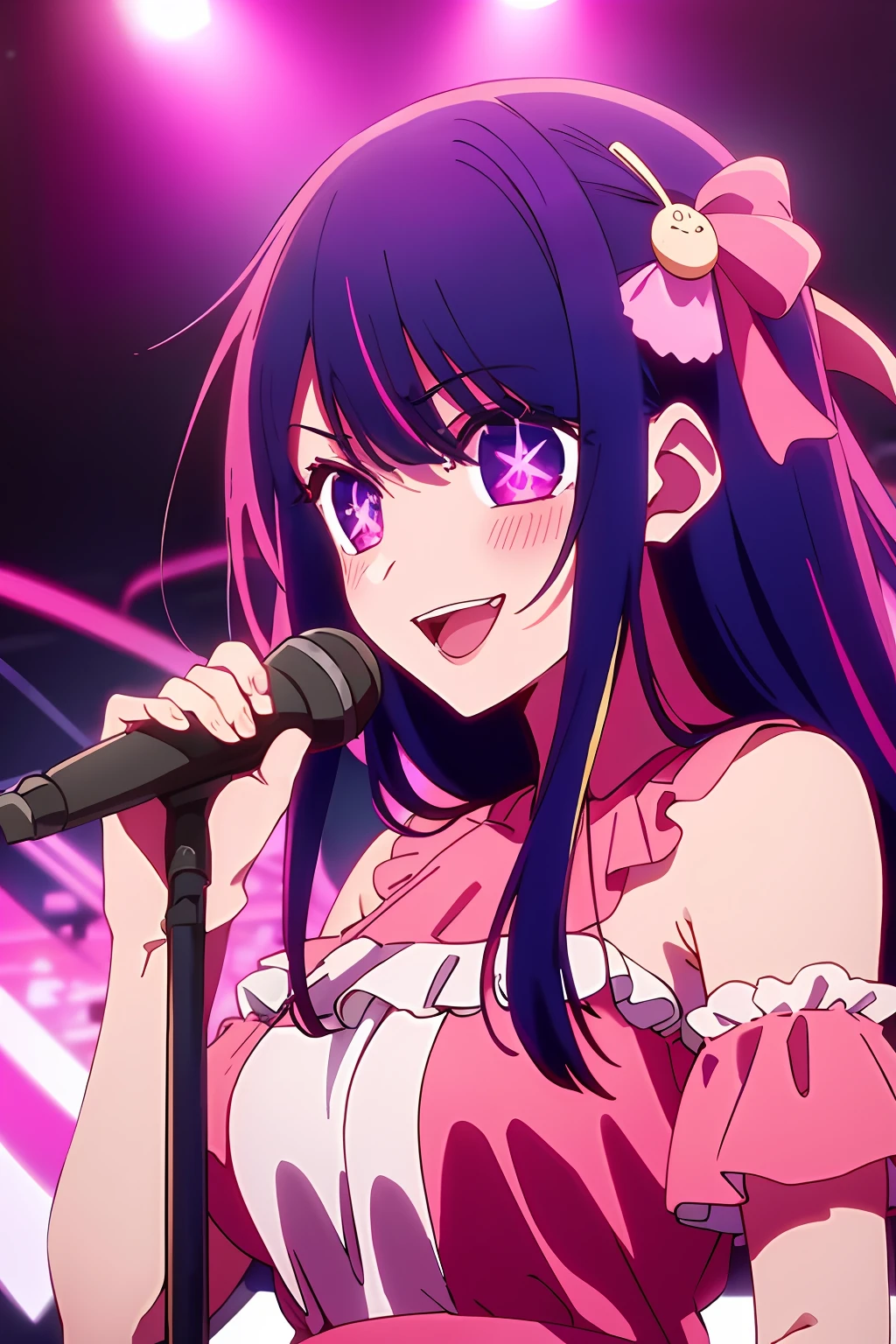 masterpiece、ighly detailed、(1 girl in:1.2)、purple color hair、pink dress、big eye、a closeup、a smile、8K 、Ai Hoshino、Live performance venue