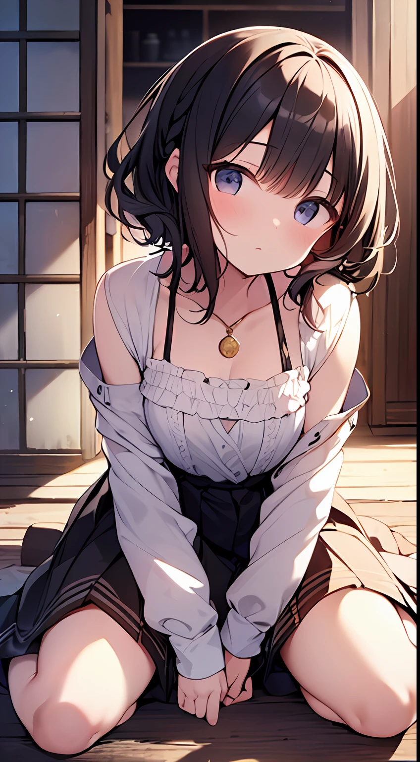 (top-quality、32K image quality、masterpiece、nffsw:1.2)、a cute loli、Medium short hair、short braiding、beauitful face、Ultra-detailed details、(Slouched:1.3)、at the sunset、crouching down、(From above:1.3)、(a closeup:1.4)、small curvy loli、((You can see the chest))、Bust Up Perspective、Loose baggy big shirt、(beautiful nipple slips:0.9)、outside of house、the wind、shinny skin、blurry backround
