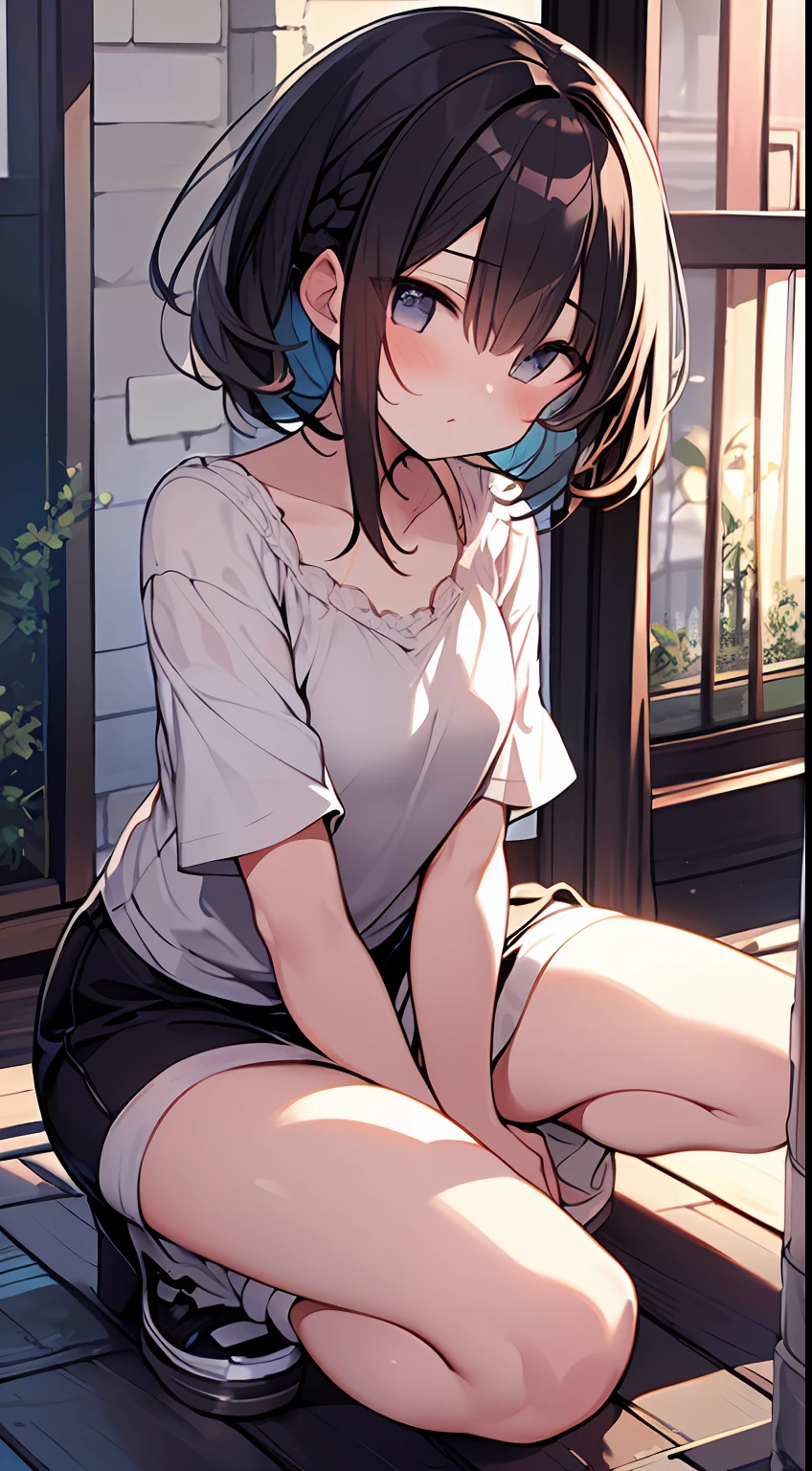 (top-quality、32K image quality、​masterpiece、nffsw:1.2)、a cute 、Medium short hair、short braiding、beauitful face、Ultra-detailed details、(Slouched:1.3)、at the sunset、crouching down、(From  above:1.3)、(a closeup:1.4)、small  、((You can see the ))、 Up Perspective、Loose baggy big shirt、(beautiful  slips:0.9)、outside of house、the wind、shinny skin、blurry backround