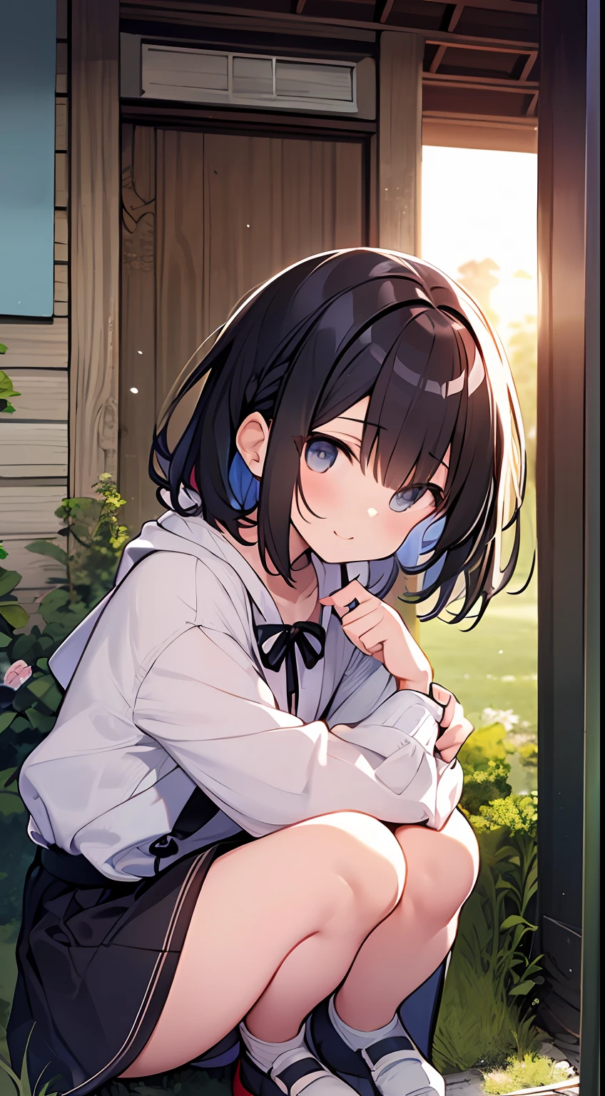 (top-quality、32K image quality、​masterpiece、nffsw:1.2)、a cute loli、Medium short hair、short braiding、beauitful face、Ultra-detailed details、(Slouched:1.3)、at the sunset、crouching down、(From  above:1.3)、(a closeup:1.4)、small curvy loli、((You can see the chest))、Bust Up Perspective、Loose baggy big shirt、(beautiful nipple slips:0.9)、outside of house、the wind、shinny skin、blurry backround