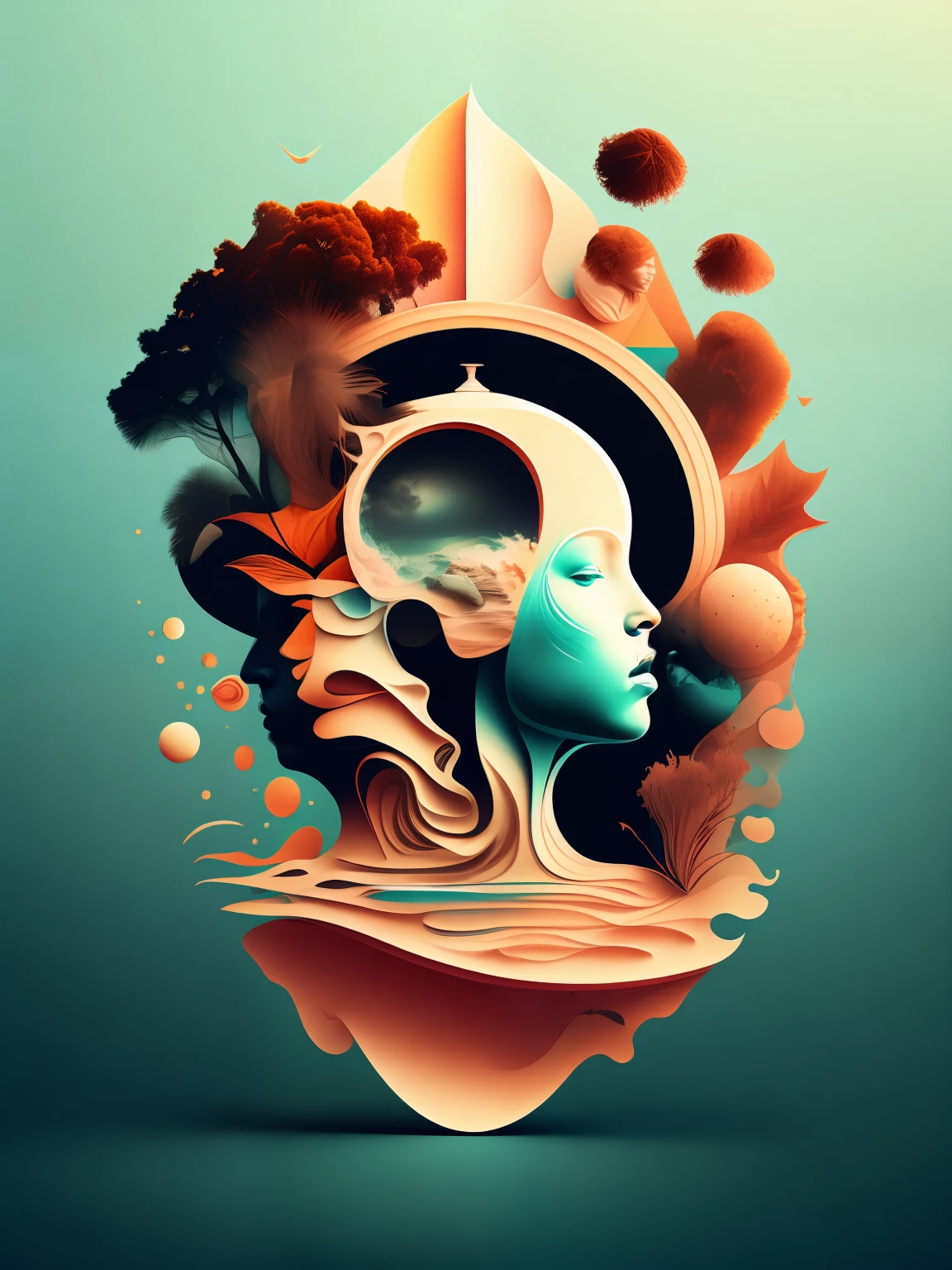 a stylized image of a person's head with kitchen beach Gymnastics work children in it