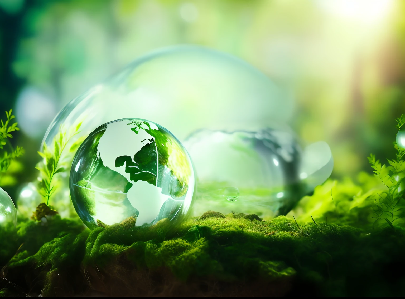 a close up of a glass globe sitting on top of a moss covered ground, sustainability, green world, environment friendly, large environment, earth in background, natural environment, mother earth, environmental, nature environment, sustainable materials, clean environment, beautiful environment, sustainable, environmental key art, rich environment, our planet, earth outside, earth in the background