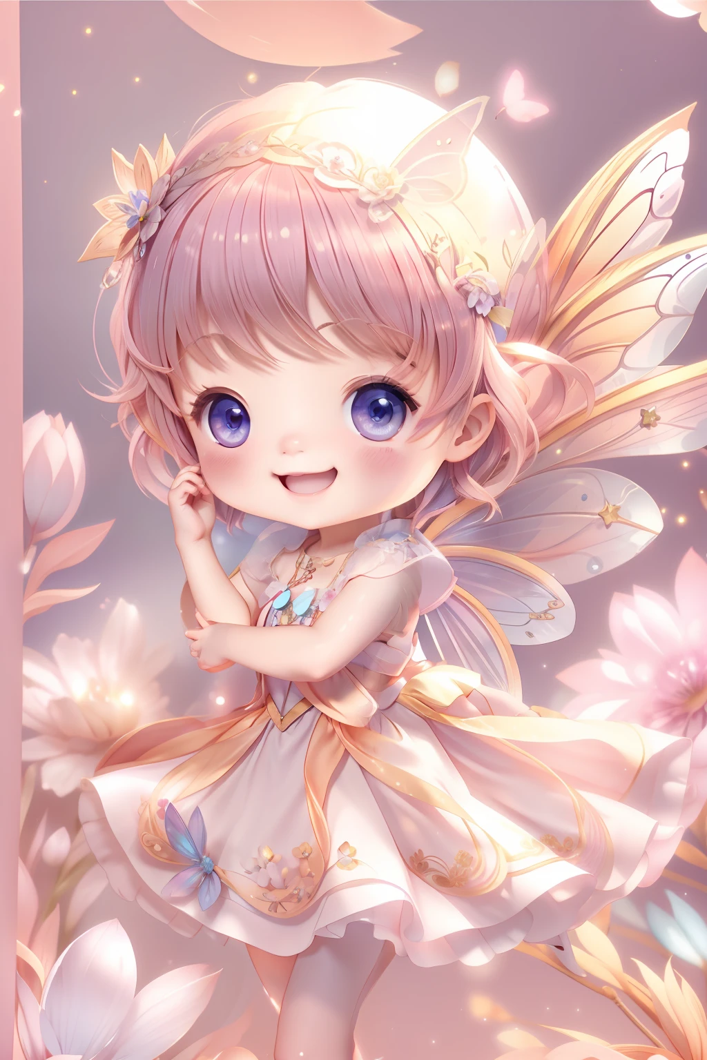 Cute fairy with a sense of transparency、Bright smile、Have fun playing、Beautiful background、Bright background、pink back ground