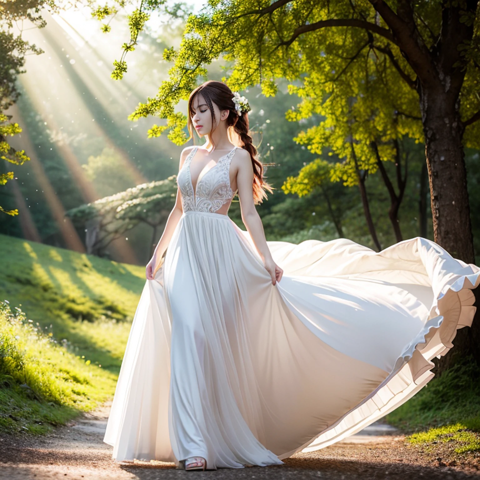 A girl in a wedding dress walks in the forest,Surrounded by red dragons,Wear gorgeous high heels,white royal dress,background of the castle of Europe,God Rays shines on the body,(Neat one-word bangs,Ji Shi Fa,French braids, move chart, Atmospheric perspective, Cinematic lighting, tmasterpiece, Textured skin,Fine hair like silk,Every hair is clear,Red band,photo level,wide angles,entire body image,little breast,Smaller bust,flatchest,Seductive eyes,Glamorous temperament)