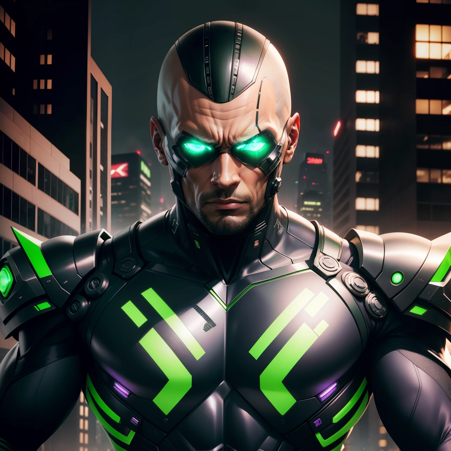 "(symbiont bio-armor mantis metallic green and purple cyberpunk:1) (1man) dark theme :: focus on face closeup, face Dwayne Johnson , serious face, ultra realistic futuristic cyberpunk tall muscular man jumping over buildings cyberpunk :: bald :: cool cybernetic mantis theme bioarmor :: mantis helm :: natural lighting :: bokeh :: 8k :: best quality :: masterpiece :: insanely detailed:1.5"