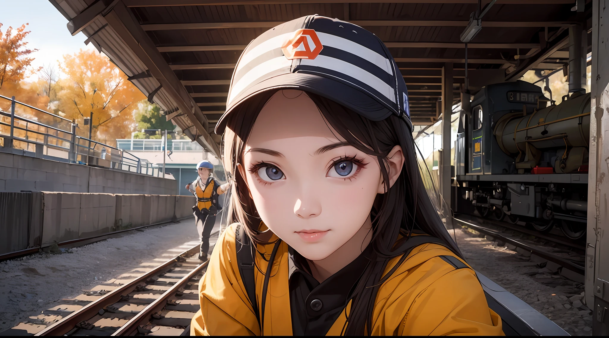 Photo, femele(22)、 Female mechanic working on a railway, Cute, There are colored contacts in her eyes,校服、 Perform vehicle maintenance, Full body , in autumn