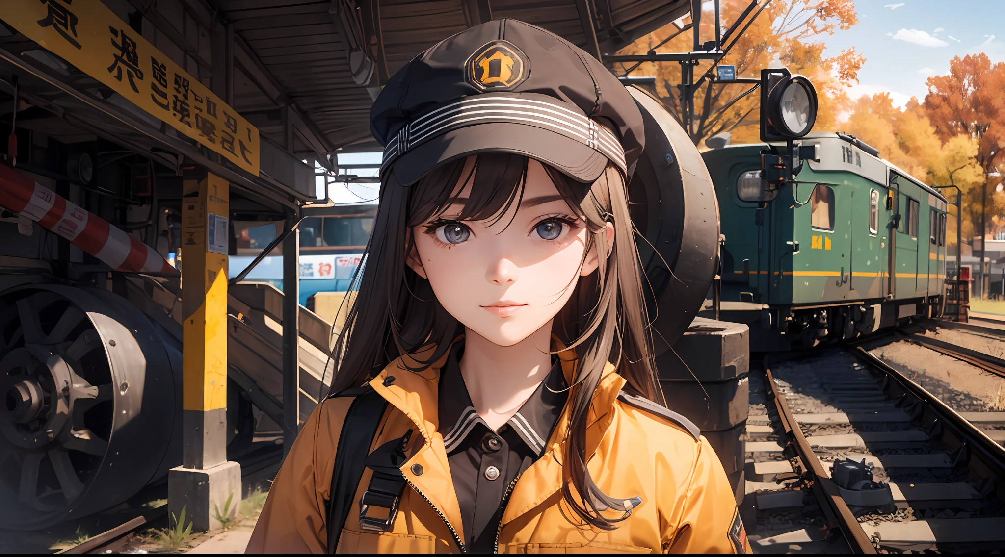 Photo, femele(22)、 Female mechanic working on a railway, Cute, There are colored contacts in her eyes,校服、 Perform vehicle maintenance, Full body , in autumn