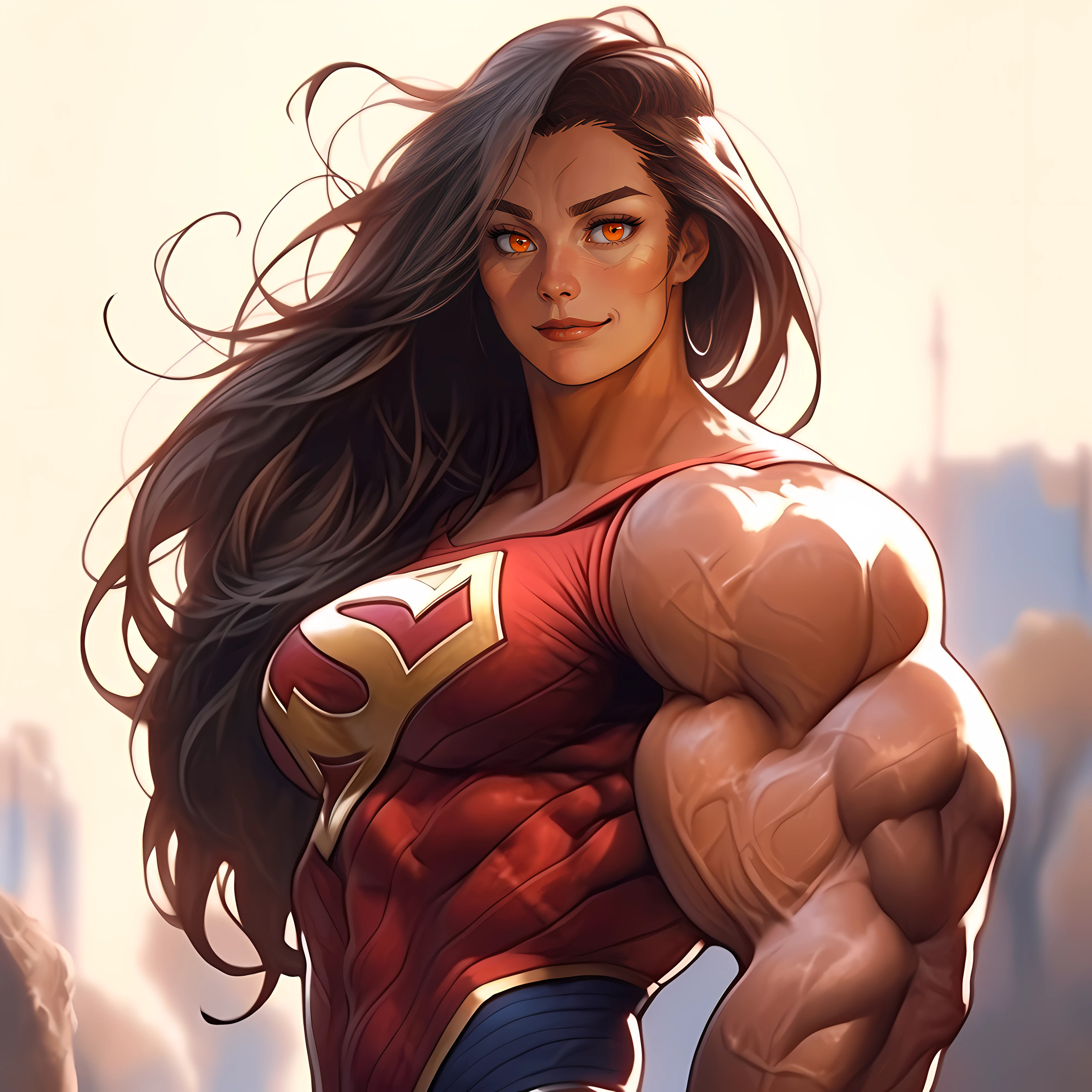 (beautiful face: 2), beautiful nordic woman face, 25-year-old woman face, thick muscular neck, matching neck, matching trapezius muscles, matching hair, slight smirk, neutral stare, orange eyes