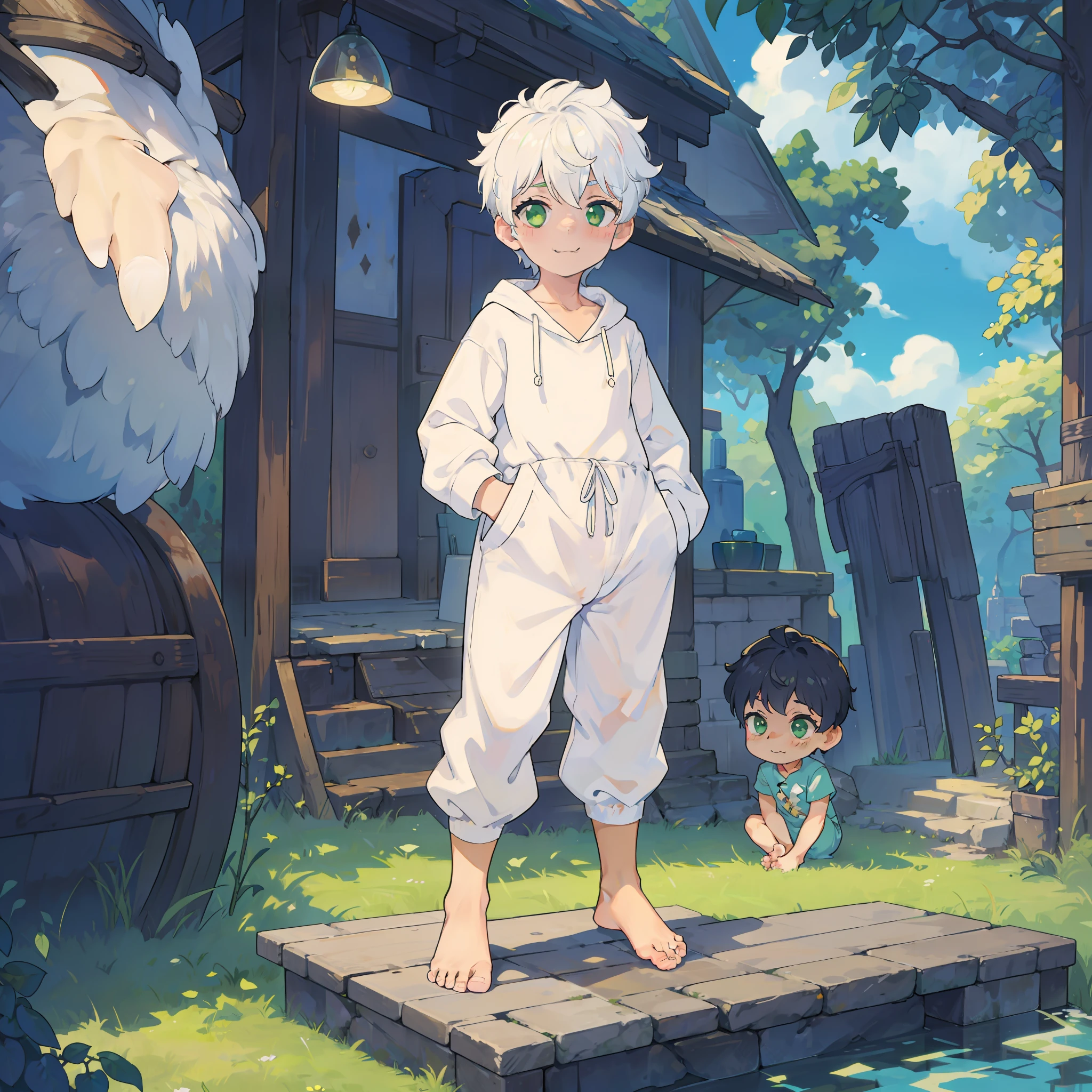 4K), little boy with white hair and green eyes and barefoot and white Onesie pajama small tiny feet, smirking, He sits on a Bench, showing feet, sexy feet pose, Nebel Licht, Impressionismus, 2D, Focused on feet, feet pose, kawaii, cute colors, light tan, libido, teasing feet, soft feet