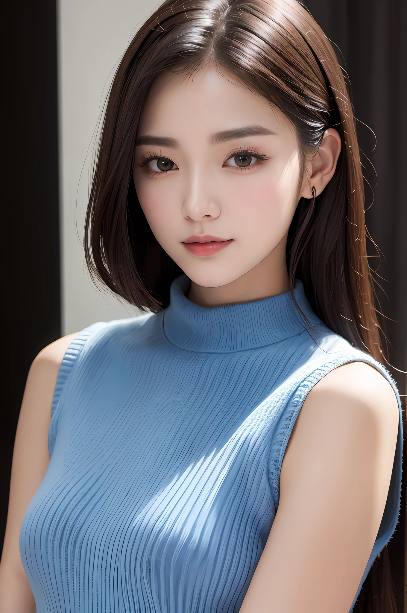 ((best qualtiy、8k masterpieces:1.3))、foco nítido:1.2、(ultra beautiful faces:1.0)、(shinny skin:1.0)、photos realistic、A dark-haired、Video Lighting、High-definition eyes and face、Video Lighting、(Korean Cute Actress)、from the front side、medium large breasts、ssmile、Sleeveless、Slender Abs Beauty、Wearing a tar-neck knitted shirt