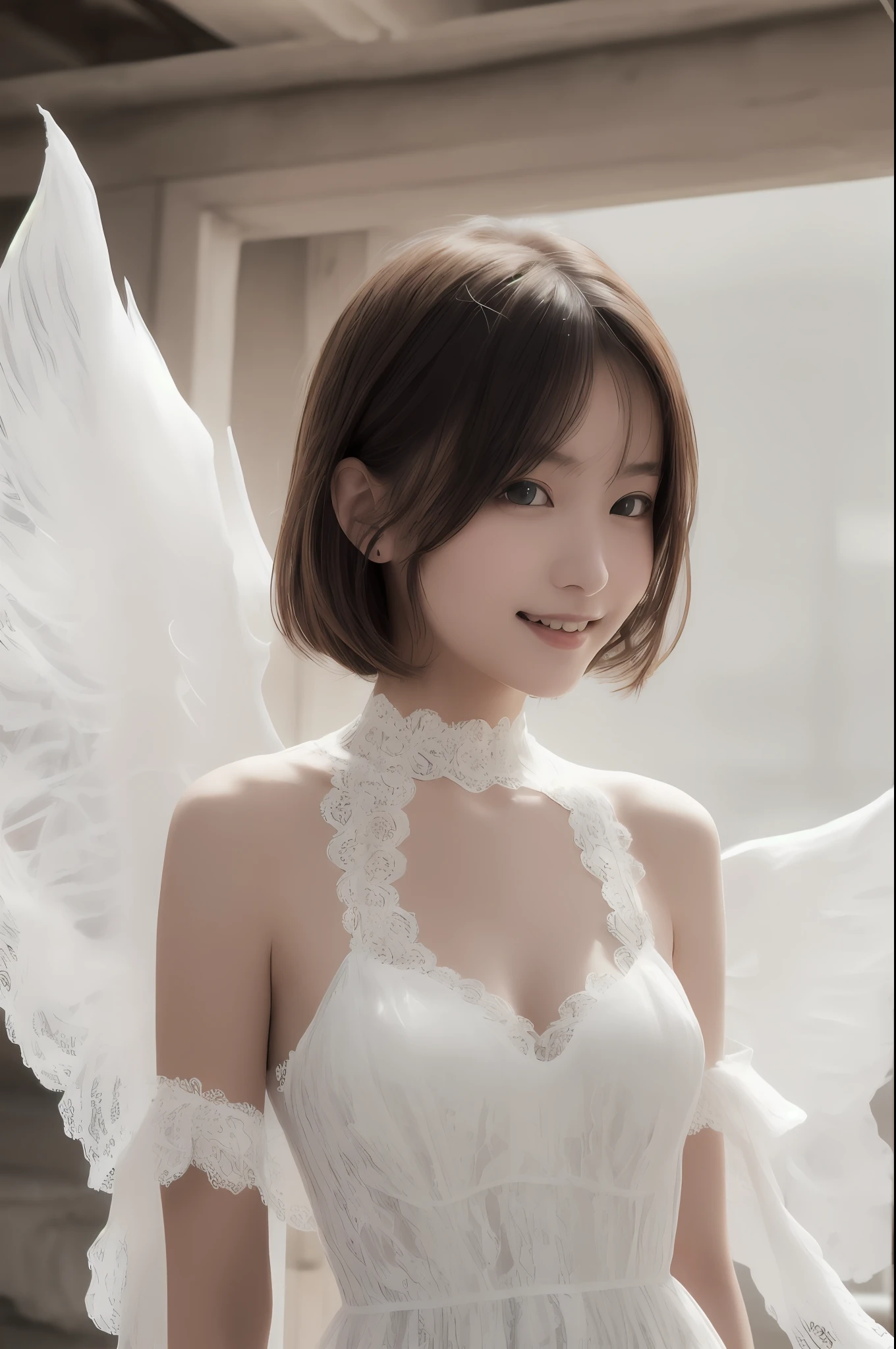 raw ((Portrait)), (Best Quality), (Realistic, Photorealsitic:1.3), Best Quality ,masutepiece, extremely delicate and beautiful, Extremely detailed ,nffsw ,Unity , 2k wallpaper, amazing, finely detail, masutepiece, Best Quality, Highly detailed ticker Unity 8k wallpaper, huge filesize , Ultra-detailed, hight resolution, Extremely detailed, Sunlight,
1girl in, Japanese, 年轻, sixteen years old, A smile, Angel wings, Bangs, ear, Dynamic Pose, bob cuts, Windswept hair and skirt, dynamic ungle, (((Dress full of lace and ruffles made of white and delicate fabric))), Hamburger Shop,