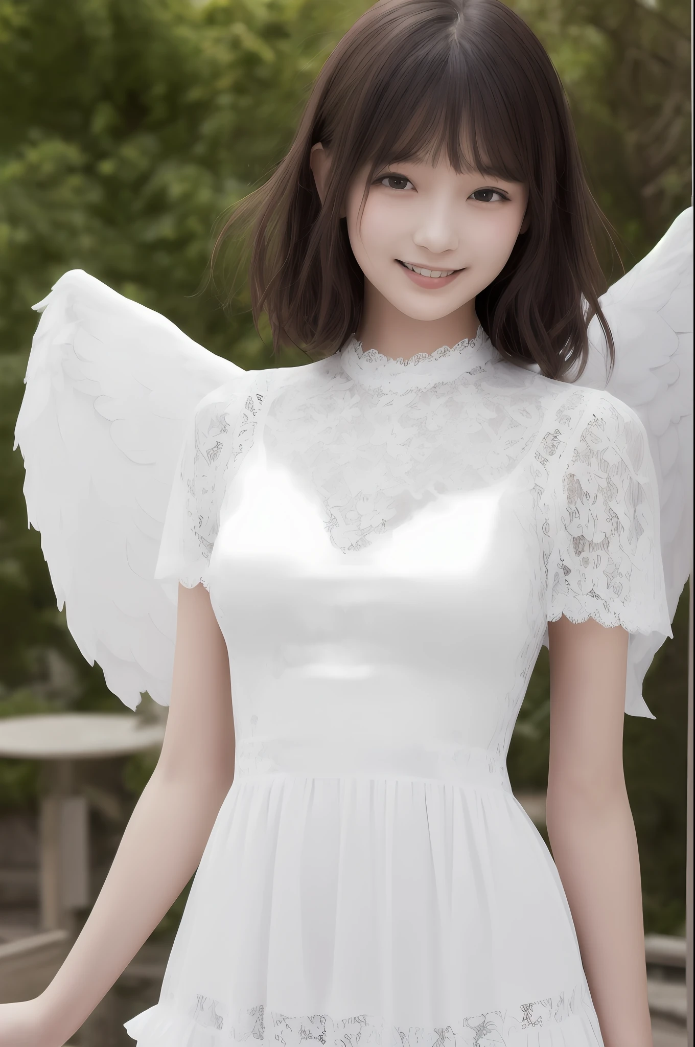 raw ((Portrait)), (Best Quality), (Realistic, Photorealsitic:1.3), Best Quality ,masutepiece, extremely delicate and beautiful, Extremely detailed ,nffsw ,Unity , 2k wallpaper, amazing, finely detail, masutepiece, Best Quality, Highly detailed ticker Unity 8k wallpaper, huge filesize , Ultra-detailed, hight resolution, Extremely detailed, Sunlight,
 1girl in, Japanese, 年轻, sixteen years old, A smile, Angel wings, Bangs, ear, Dynamic Pose, bob cuts, Windswept hair and skirt, dynamic ungle, (((Dress full of lace and ruffles made of white and delicate fabric))), Hamburger Shop,
