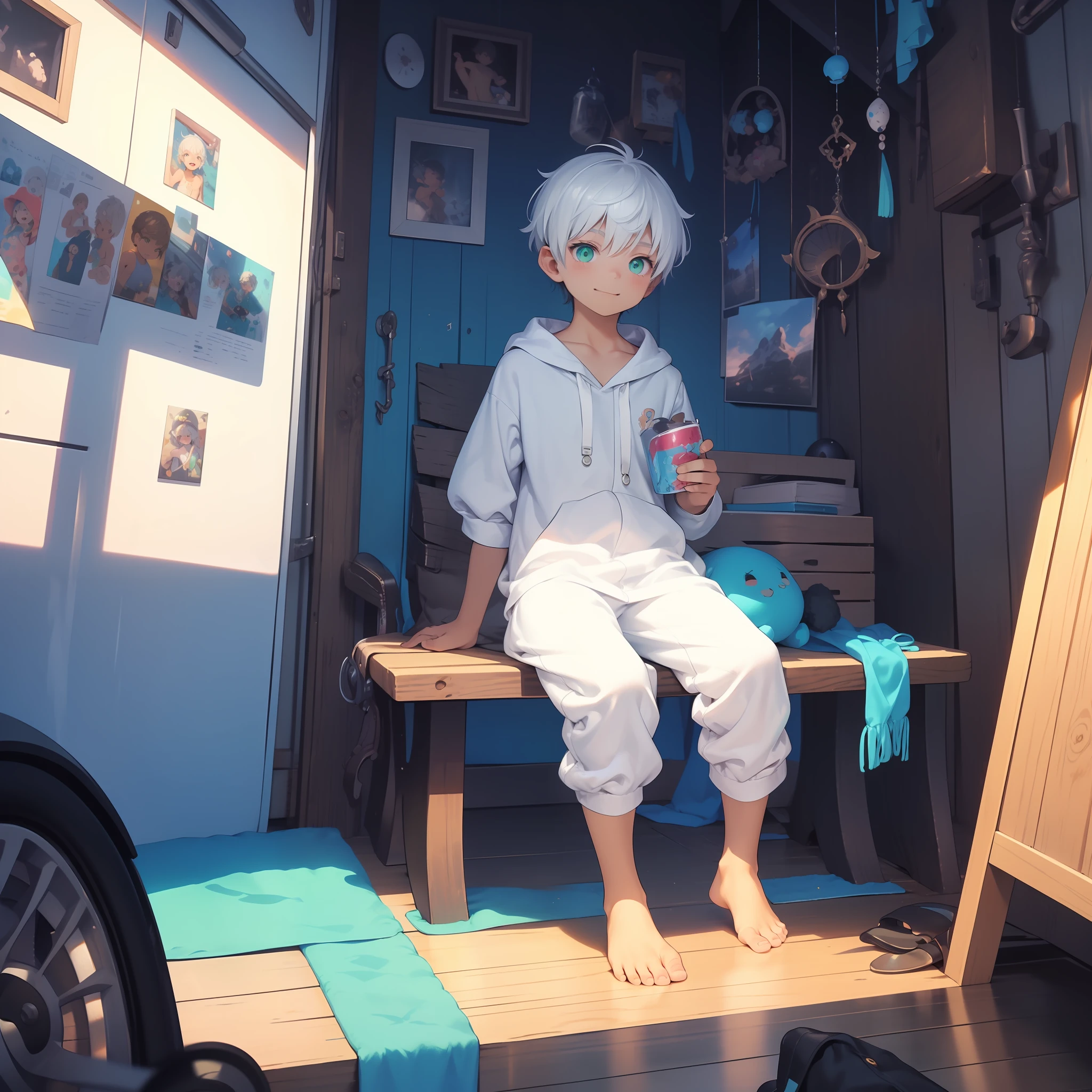 4K),  with white hair and green eyes and barefoot and white Onesie pajama small tiny feet, smirking, He sits on a Bench, showing feet, sexy feet pose, Nebel Licht, Impressionismus, 2D, Focused on feet, feet pose, kawaii, cute colors, light tan, libido, teasing feet, soft feet