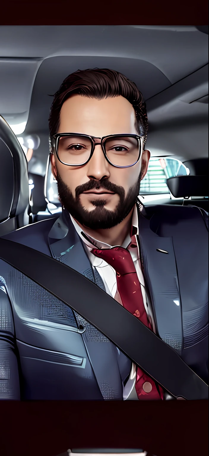 There's a man in a car with a seat belt, anime, imagem profissional, wearing a suit and glasses, stefano brunesci, imagem de perfil, Reza Afshar, taken in the early 2020s, foto de perfil headshot, George Doutsiopoulos, foto de perfil profissional, altamente elegante, usando um parker, Linha Yesilbas, foto do perfil