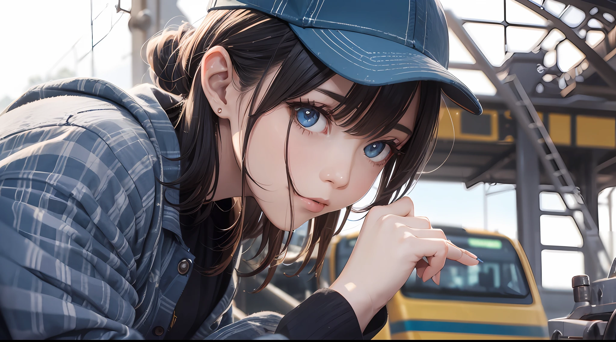 Photo, femele(22)、 Female mechanic working on a railway, Cute, There are colored contacts in her eyes、校服、 Perform vehicle maintenance, Full body , in autumn