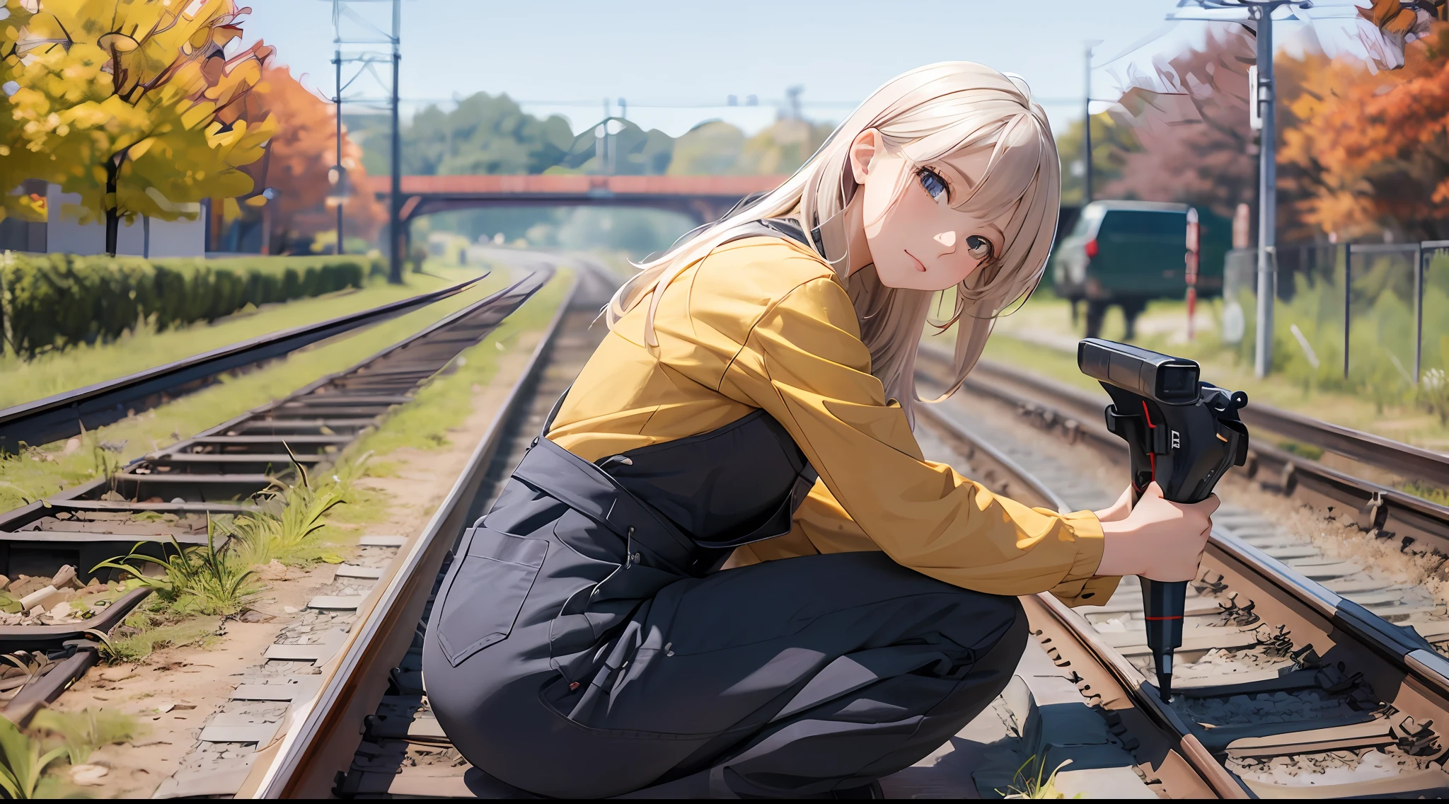 Photo, femele(22)、 Female mechanic working on a railway, Cute, There are colored contacts in her eyes、校服、 Perform vehicle maintenance, Full body , in autumn