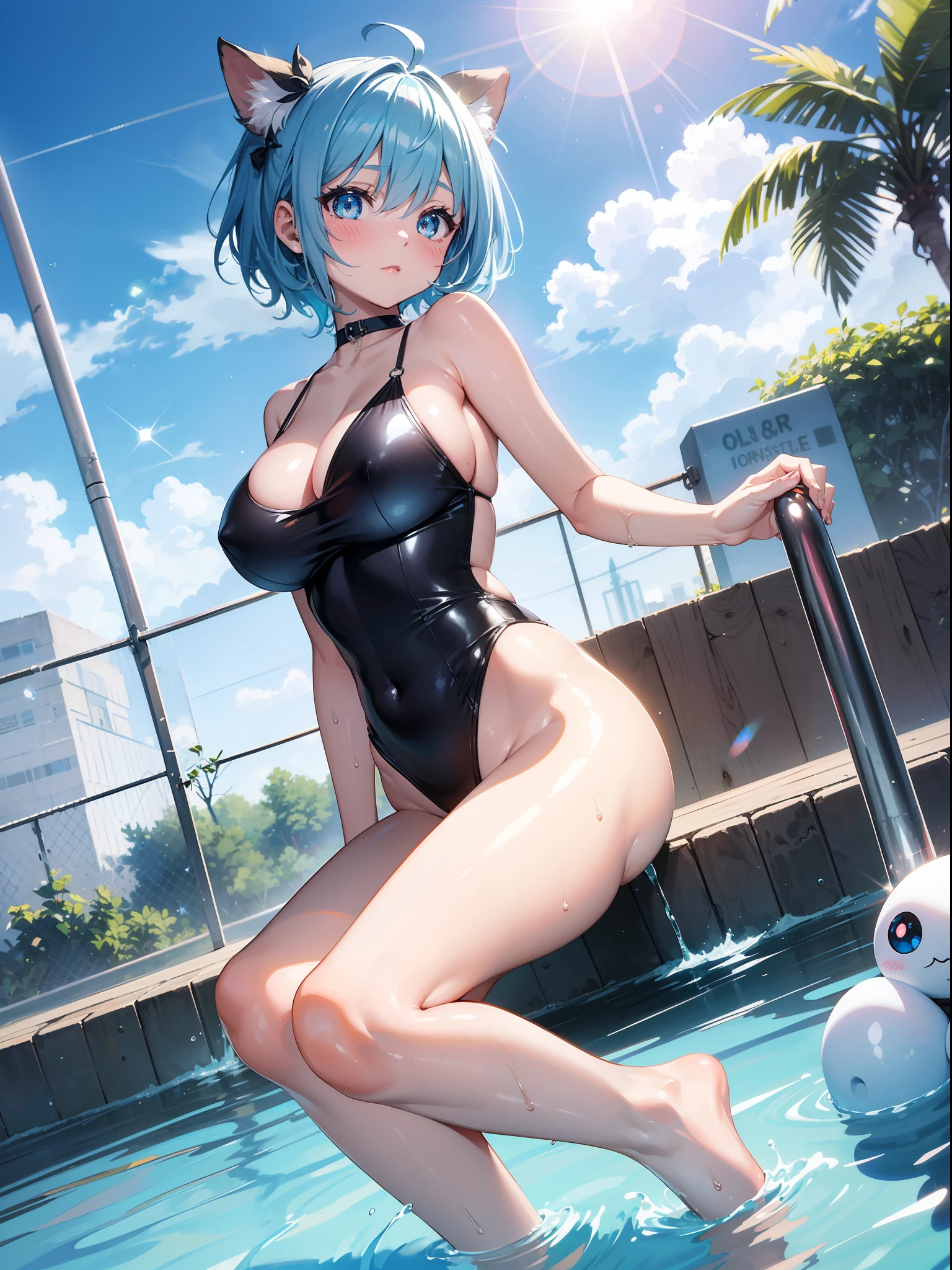 ((masterpiece)), ((best quality)), (ultra-detailed), ((kawaii)), cute, (lovely), ((sexy)), (ero), ((extremely detailed)), 4K, (8K), best quality, (beautiful), illustration, anime style, painting, dynamic angle, (Poses for erotic photo albums), full body, colorful, gradation, school, pool, daytime, summer, a , solo, school swimwear, beautiful blue hair, ((beautiful eyes)), white-skinned, short hair, transparent hair, translucent hair, large breast, cool, blush, sparkling effect, glitter effect, lens flare, shiny-glistening, gleaming, wetted by water