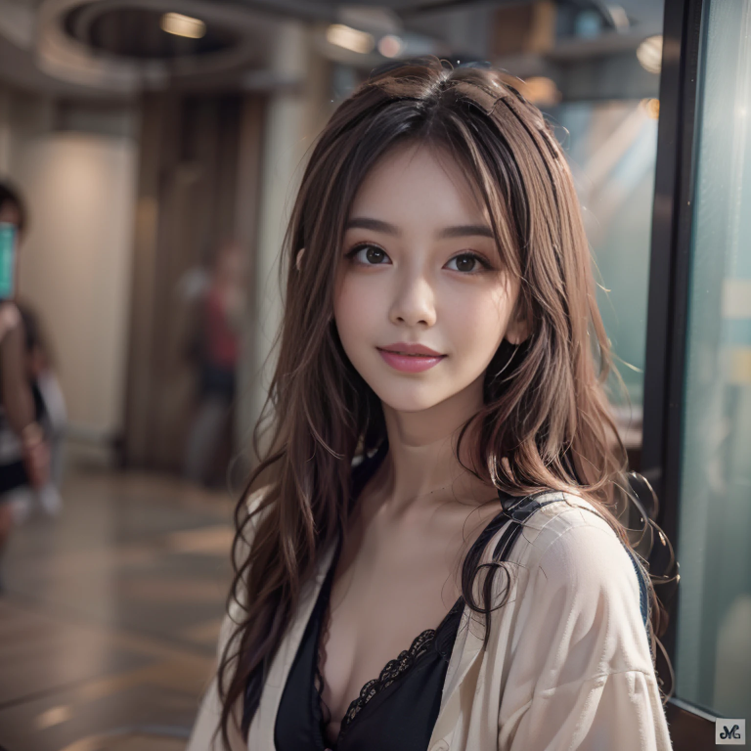 Nikon RAW photos,8K quality,Fujifilm XT3,tmasterpiece,best qualtiy,realisticlying,ultra - detailed,1 girl,独奏,Fine fine skin,rich facial detail,Portrait Photography,Black medium length hair,Pouting and smiling
