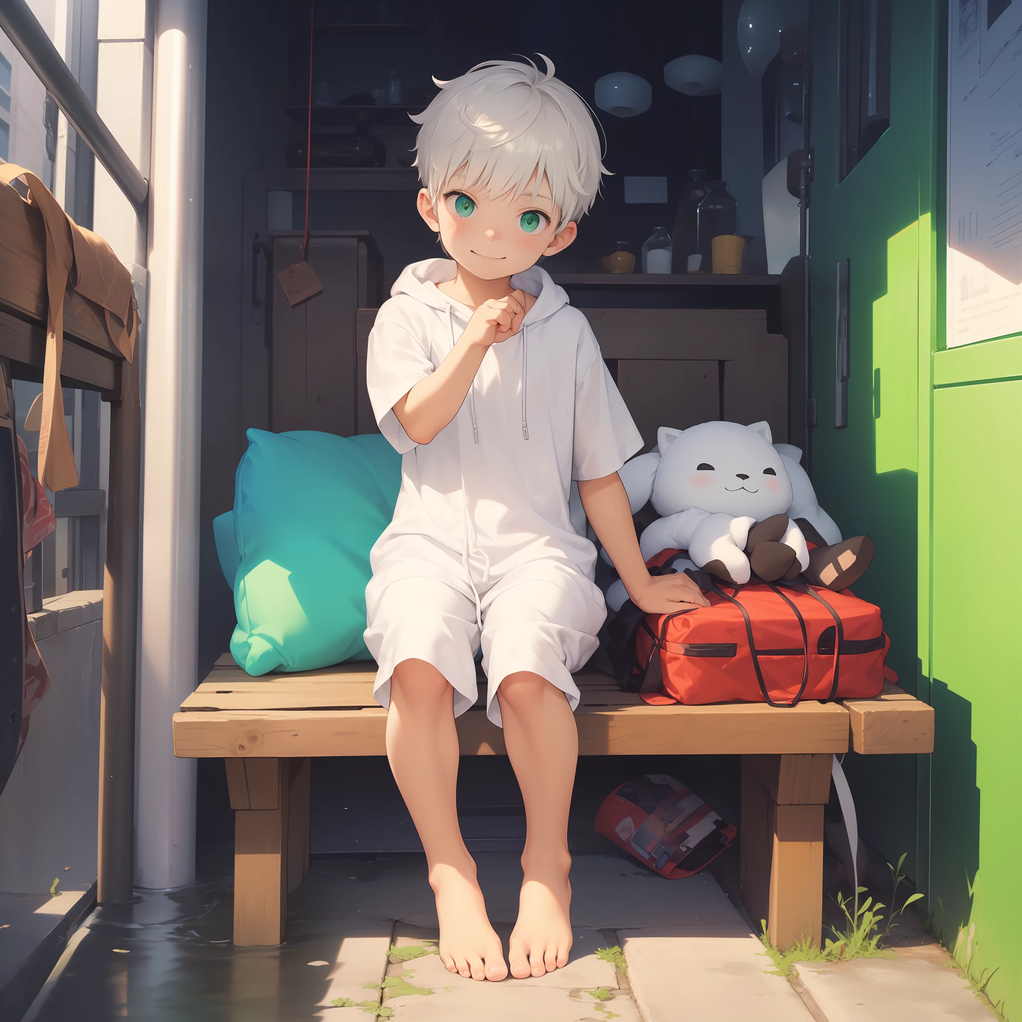 4K), little boy with white hair and green eyes and barefoot and white Onesie pajama small tiny feet, smirking, He sits on a Bench, showing feet, sexy feet pose, Nebel Licht, Impressionismus, 2D, Focused on feet, feet pose, kawaii, cute colors, light tan, libido, teasing feet, soft feet