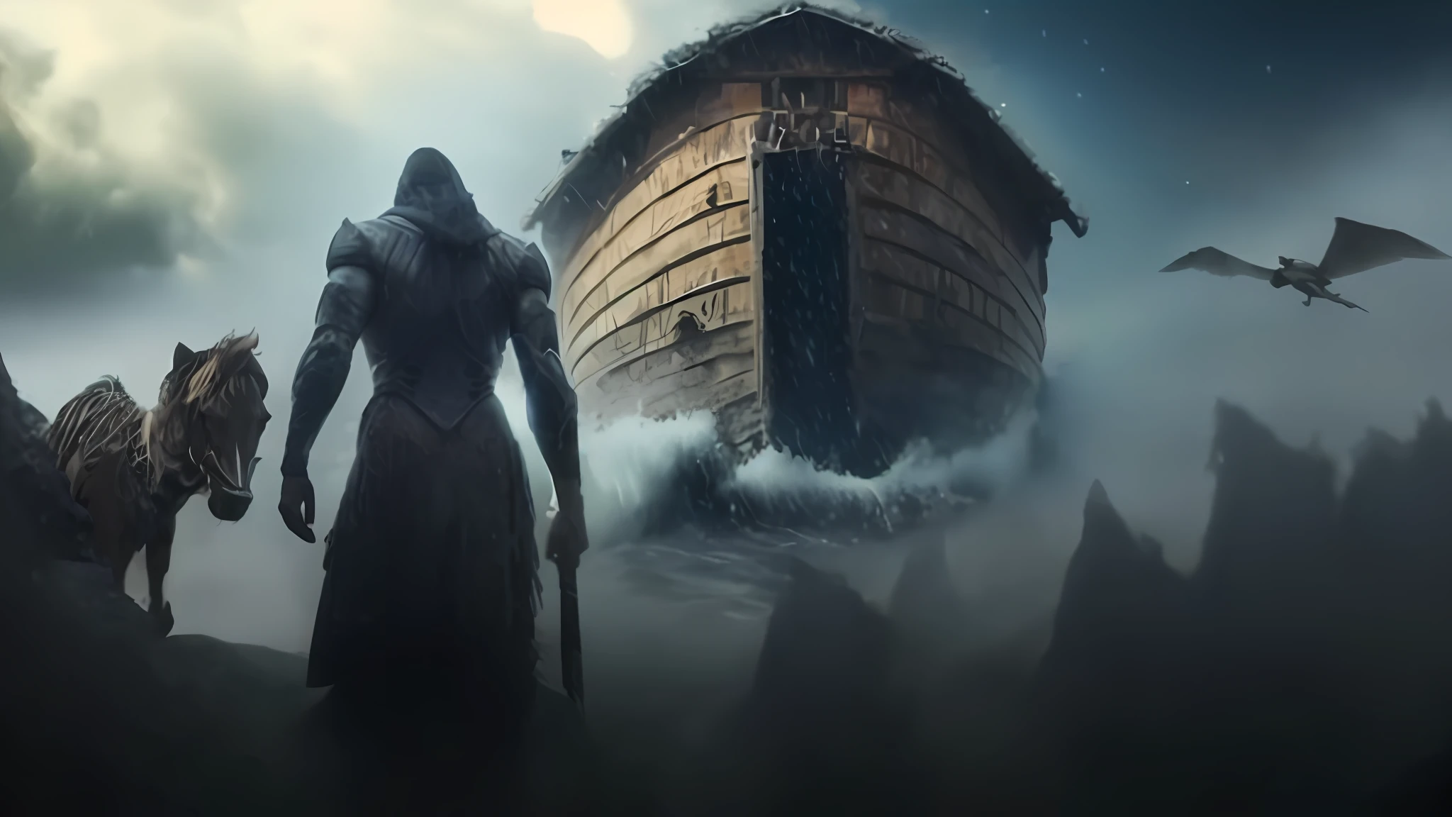 "Obra prima de melhor qualidade, efeitos visuais (VFX), Intense cinematic lighting, ambiente escuro e nebuloso."