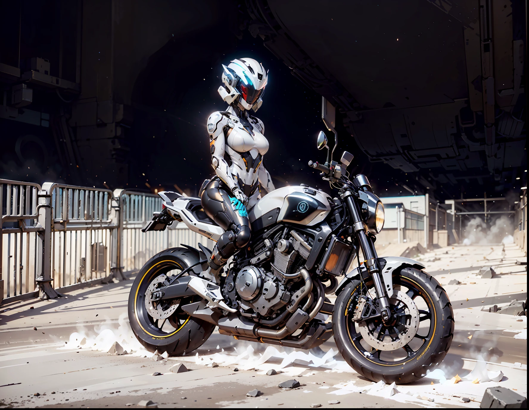(alta calidad, obra maestra), 1girl, Detalles intrincados, (Realistic lighting shading), File Size Huge, high resolusion, elegante, realista, (perfect anatomical depiction of the human body),  is stopping his motorcycle at a cyberpunk location , (la mujer tiene una cintura delgada), (la mujer tiene muslos fuertes), (The woman has a cyber helmet that hides her face ), ((The girl wears a white suit with thin fabric, brillante y lisa)). (El traje de la mujer tiene senos muy apretados), (The woman's white suit has neon light lines on the outside of her limbs....), (La mujer usa un traje brillante con detalles intrincados, , (El traje de la mujer aplasta sus grandes pechos y se extiende hacia un lado), pupila), (Tense swimsuit with super large), ( luz de fondo del sol poniente). ((The girl is standing in front of the motorcycle and looking into the distance)) , (Toma de todo el cuerpo), La motocicleta es de tipo naked, The sun is tinged crimson behind her, The sky has a gradient to a dark purple that is so dark that it moves away from the crimson of the horizon....,  
fuerte contraste entre luz y sombra, manos perfectas, manos bonitas, Harina Mirage,