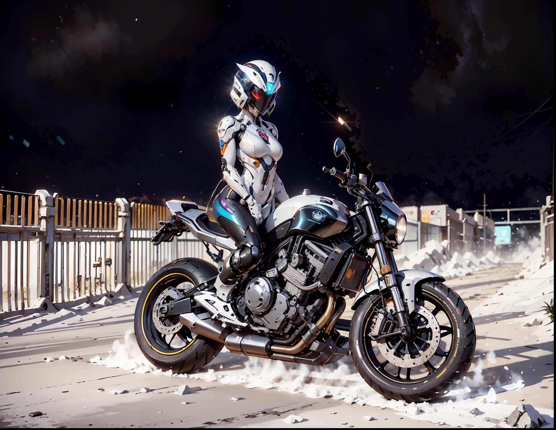 (alta calidad, obra maestra), 1girl, Detalles intrincados, (Realistic lighting shading), File Size Huge, high resolusion, elegante, realista, (perfect anatomical depiction of the human body), is stopping his motorcycle at a cyberpunk location , (la mujer tiene una cintura delgada), (la mujer tiene muslos fuertes), (The woman has a cyber helmet that hides her face ), ((The girl wears a white suit with thin fabric, brillante y lisa)). (El traje de la mujer tiene senos muy apretados), (The woman's white suit has neon light lines on the outside of her limbs....), (La mujer usa un traje brillante con detalles intrincados, , (El traje de la mujer aplasta sus grandes pechos y se extiende hacia un lado), pupila), (Tense swimsuit with super large), ( luz de fondo del sol poniente). ((The girl is standing in front of the motorcycle and looking into the distance)) , (Toma de todo el cuerpo), La motocicleta es de tipo naked, The sun is tinged crimson behind her, The sky has a gradient to a dark purple that is so dark that it moves away from the crimson of the horizon....,
fuerte contraste entre luz y sombra, manos perfectas, manos bonitas, Harina Mirage,