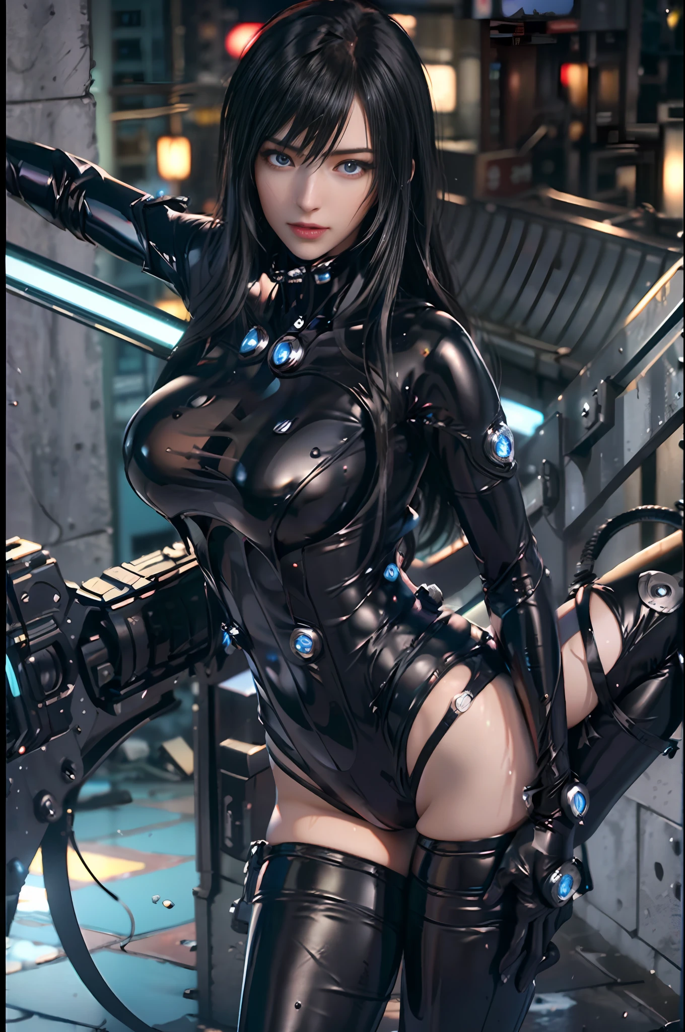 NSFW,​masterpiece,3D、realisitic、Ultra Micro Photography、best qualtiy、Ultra Detailed CG Unity ,8K,Wallpaper perfect face,intricate detailes、((1 female))、28 year old,Glossiness,Full body:1.7、((frombelow:1.5))、dynamic ungle、reika\(Gantz\), reika\(body suit\), reika\(coat\),Feminine、Detailed body、(A detailed face: 1.1)、(Outline of the iris)、(Hydrocore Lens)、(perfect eyes)、Beautiful fece、Looking at Viewer,thin lipss:1.1、thin and sharp pale eyebrows,、long dark eyelashes、Double eyelashes、(Colossal tits)、(Very thin and tight high-gloss holographic leather:1.3,Glossy High Gloss Black Latex Bodysuit,Black Gloves),Tall and glamorous perfect proportions、clong legs,pin heels,Visible Pore、Pose Seductive、Black theme,((Erect,Huge ,show off nipple,Cameltoe,vulvashaped,Sexy and dynamic model poses,Cool pose)),glistning skin,Sweat,Slender and muscular,、Muscular abs,((battle posture:1.2、Fight with a long black giant Japan sword,Shoot a big gun,battoujutsu stance,arma)),(underboob, perfect hand:1.5、((background crowds,Midnight Tokyo,Ruins,Destroyed city,wet street surface,On the roof of a high-rise building,City Skyline, Neon light, ciber,电影灯光,natural soft light、exquisite lighting and shadow))、DSLR Harp、Maximum clarity and sharpness、optimal ratio of four fingers and one thumb