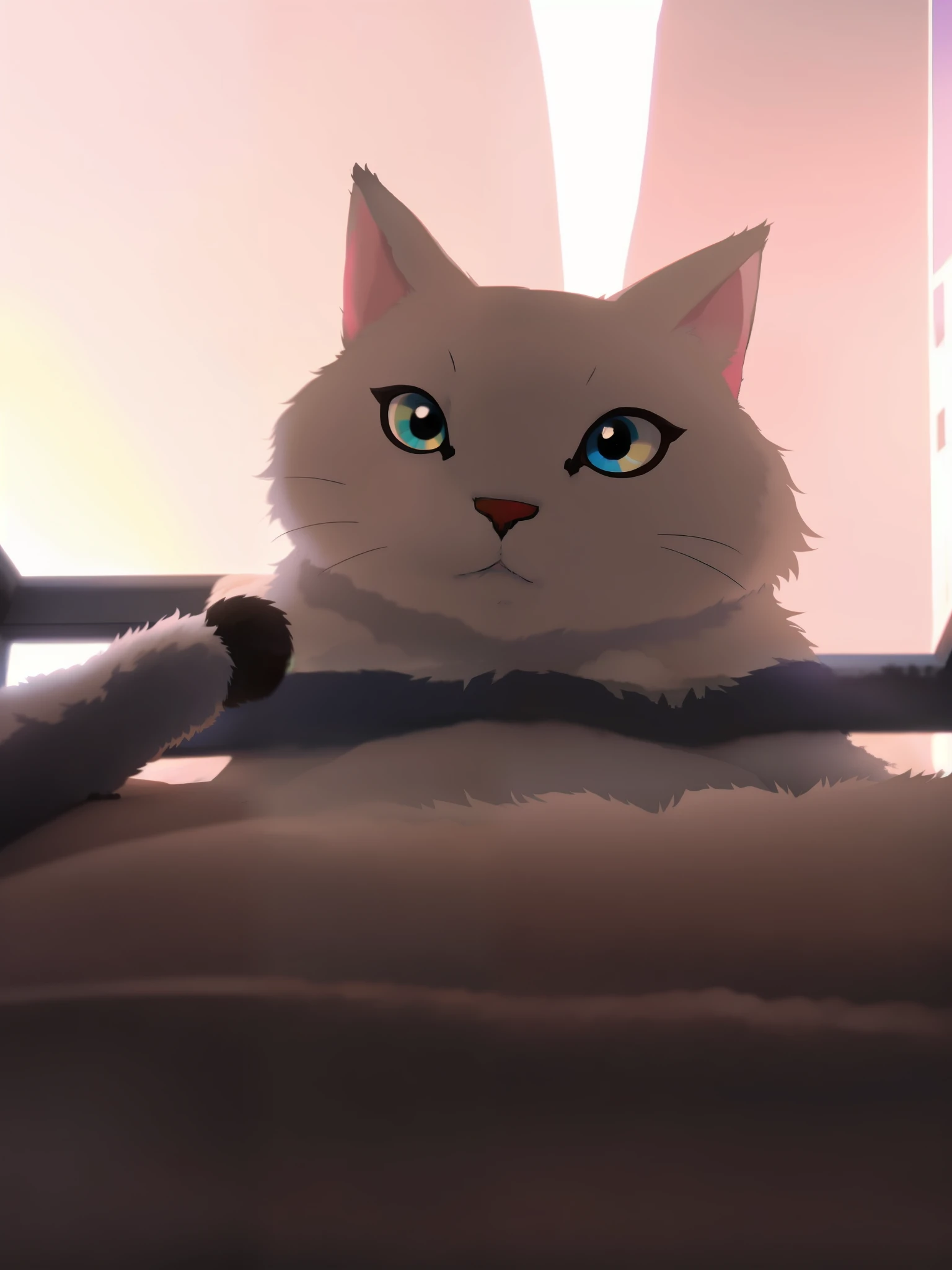 There is a cat lying on top of a cloud on top of a rainbow., he is very relaxed, facing toward camera, sentado en su trono, gato , muy guapo, Aspecto orgulloso, foto del gato, descansando en su trono en el cielo,taken on a 2010s camera, holding it out to the camera, fondo con nubes, gato con alas