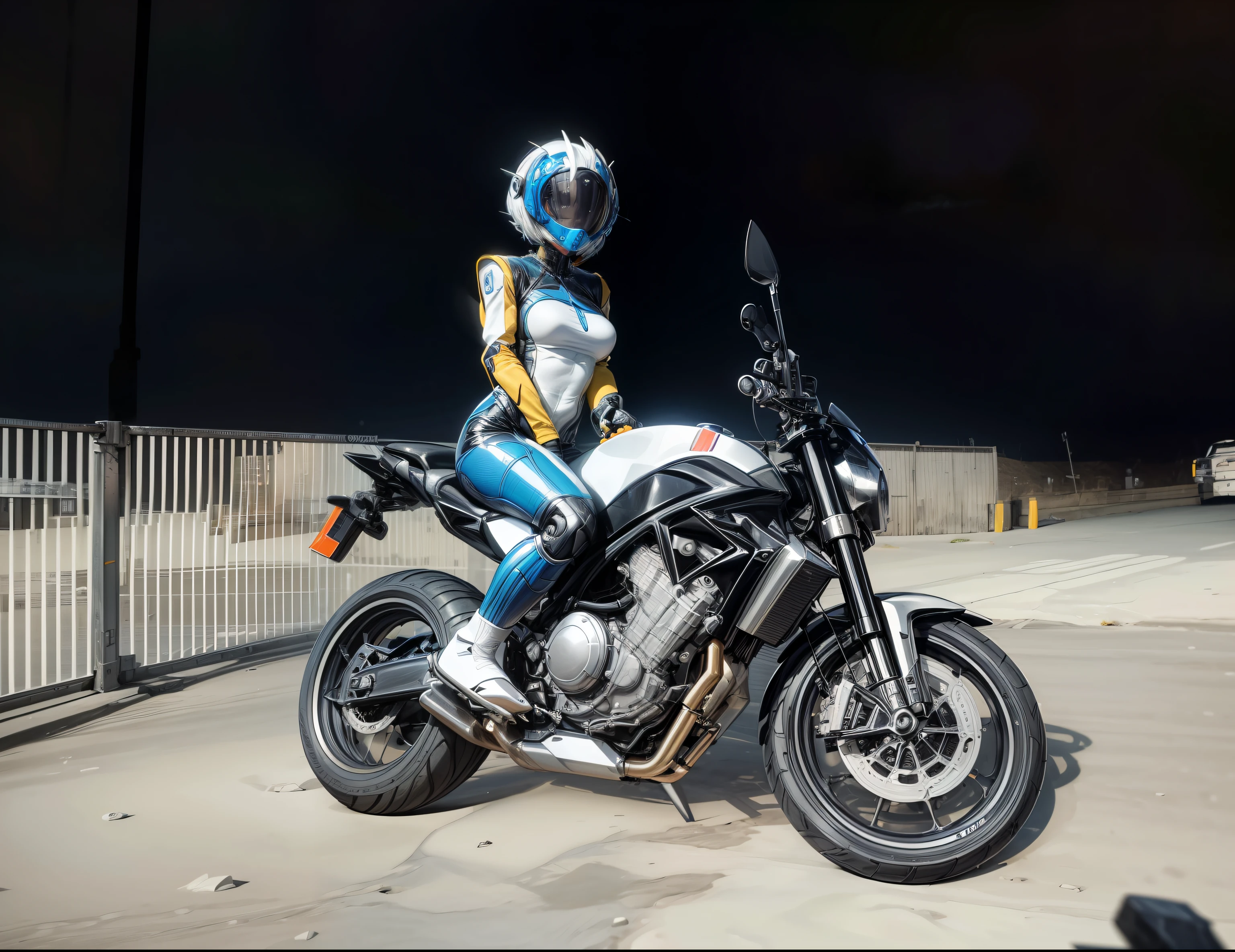 , chica cyborg con casco , of 20 years, oscura (leotardo de corte de pierna alta de fibra de carbono), abertura del pecho, {{Angled Bob}}, (pechos grandes: 1.25), (Mechanical articulation), curvas atractivas, pelvis media, junto al mar, postura de pie, piel brillante, ((puffyareolas)), (de pie), dynamic pose, piernas extendidas, cyberpunk, Science-Fiction, (parte superior del cuerpo: 1.275), (8k, foto RAW, mejor calidad, Obra maestra: 1.47), (NSFW:1.275)