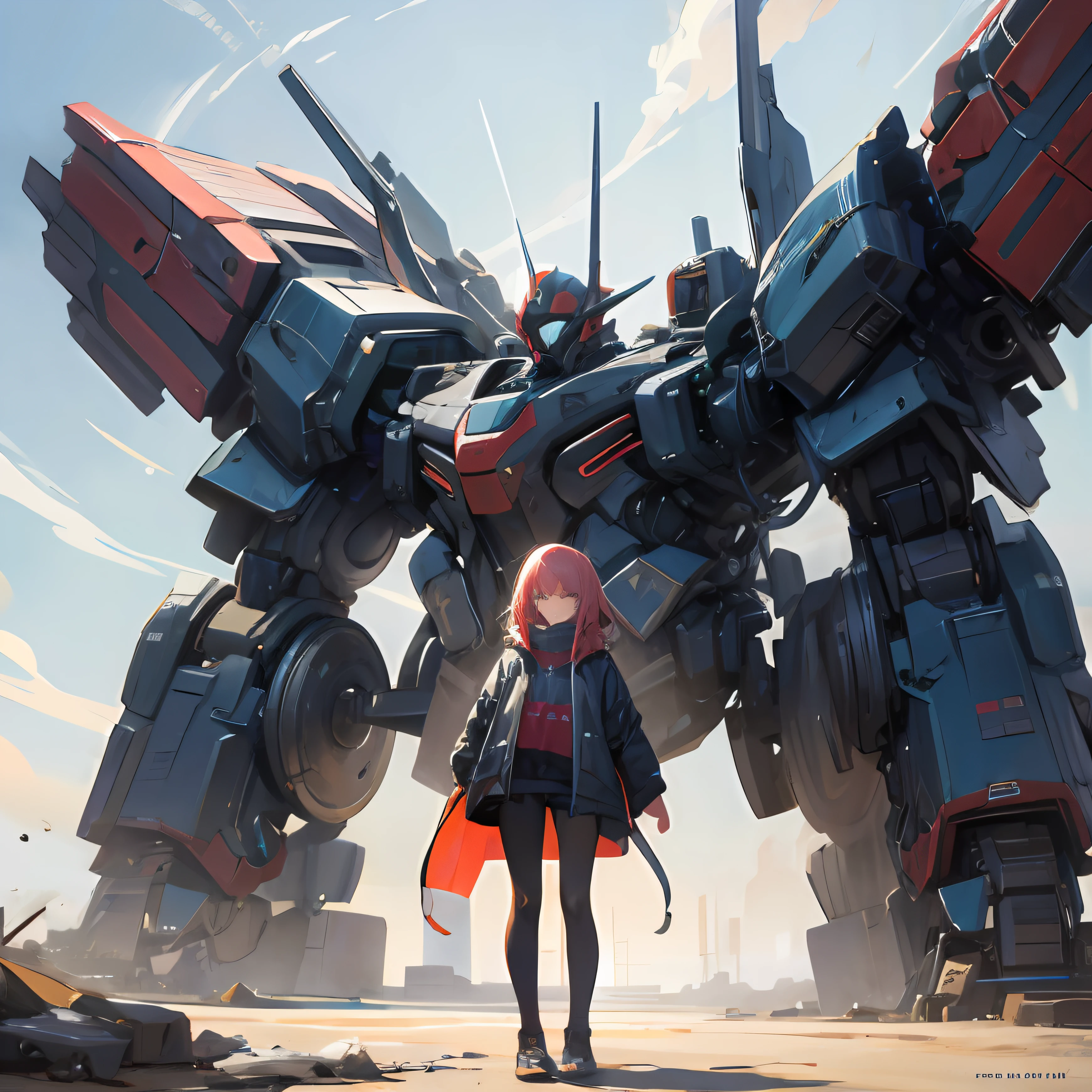 A young woman stood in front of the mech