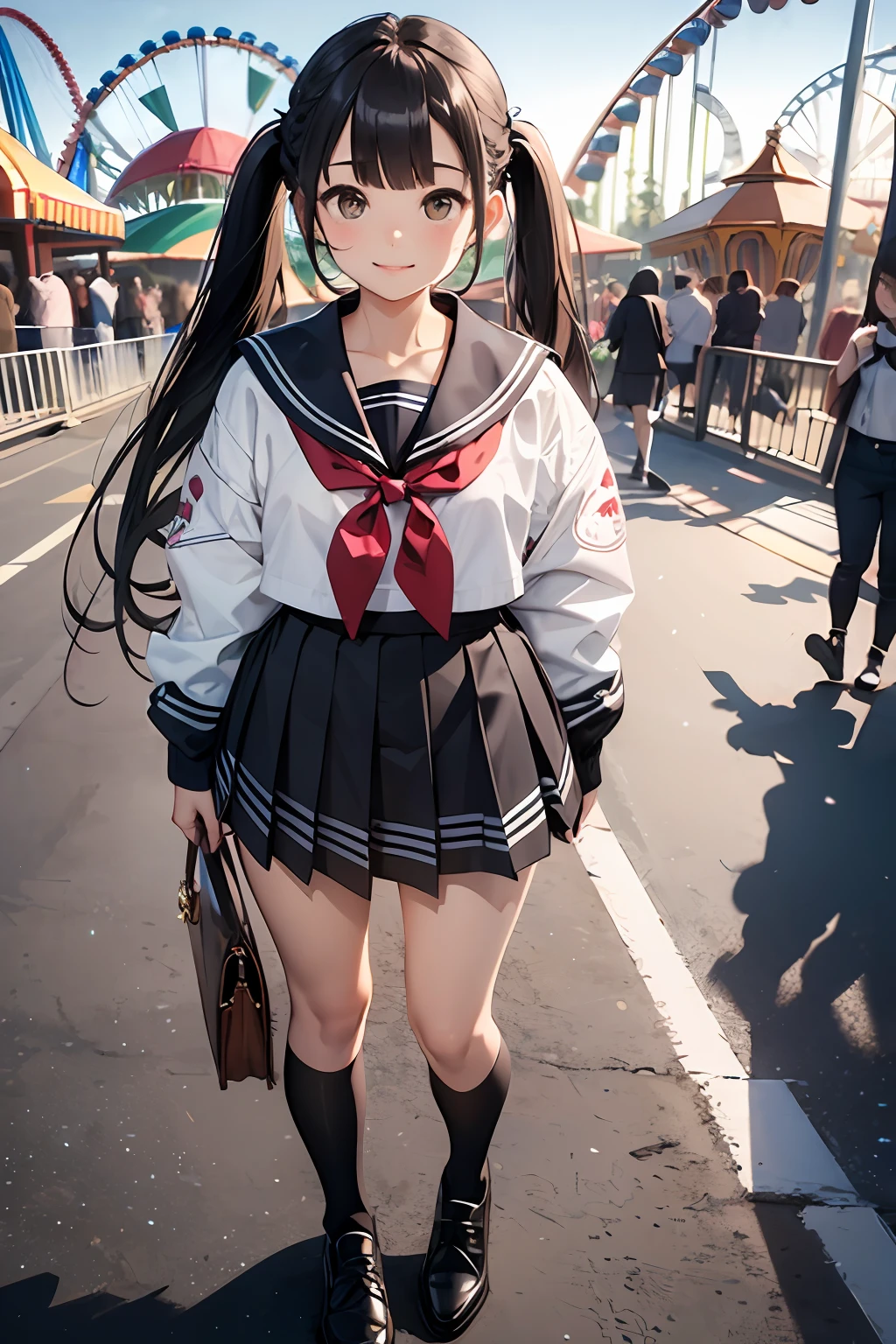 (top-quality、in 8K、32K、masterpiece、nffsw、ighly detailed、Impresionismo:1.2)、Full body, (amusement park:1.4)、realistic shadow、beauitful face、blurry backround、-yeld beiful girl、shinny skin, Beautiful black hair、Blunt bangs、 braided ponytails、Brown eyes、a sailor suit、pleatedskirt、Black socks、Black shoes、A smile、Striped panties、thighs thighs thighs thighs、from the front side、Opening legs、