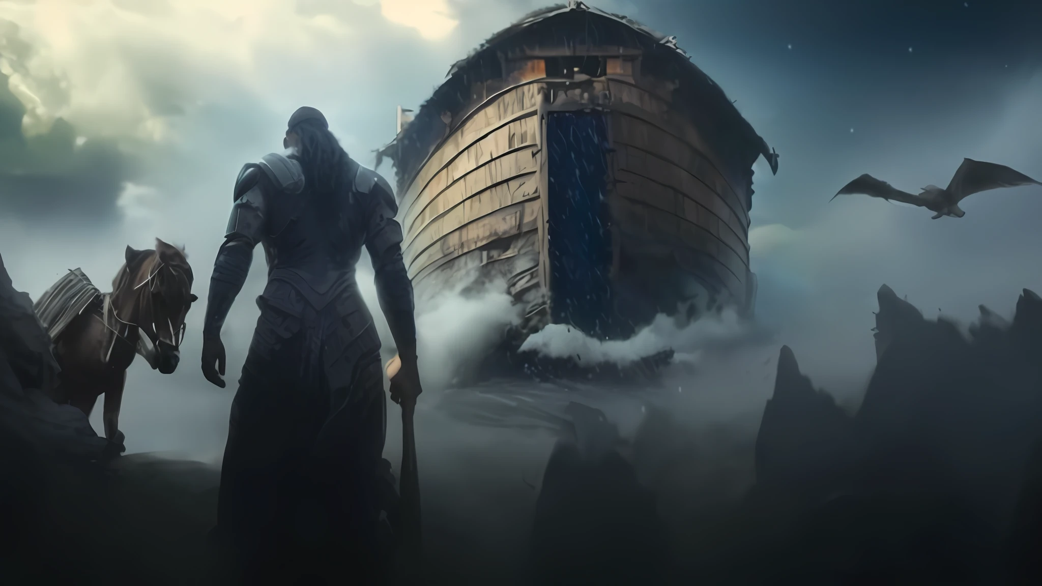 "Obra prima de melhor qualidade, efeitos visuais (VFX), Intense cinematic lighting, ambiente escuro e nebuloso."