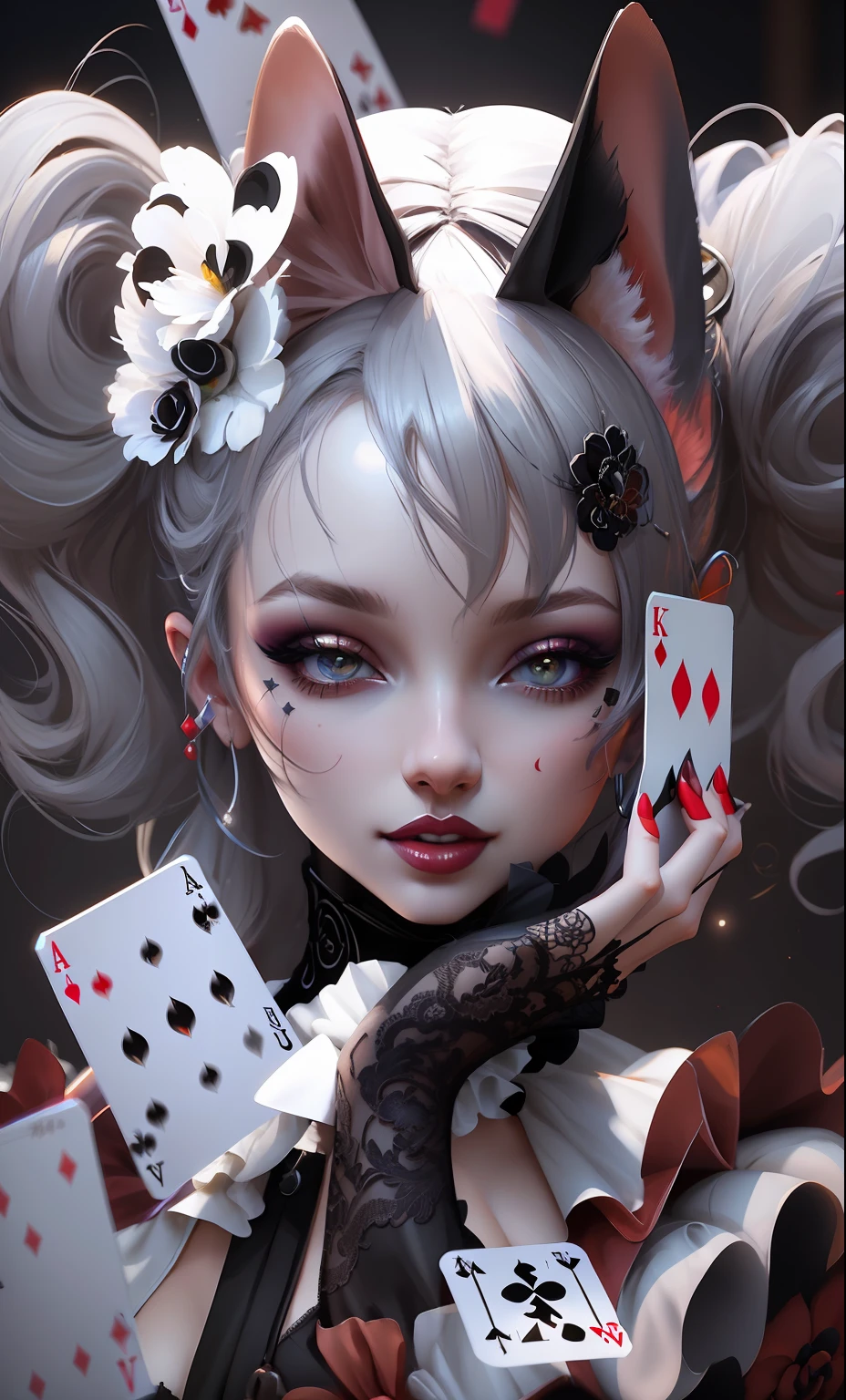 arafed woman with a clown makeup and playing cards, artwork in the style of guweiz, stunning digital illustration, cgsociety contest winner!!, digital art render, [ trending on cgsociety ]!!, cgsociety contest winner, cgsociety contest winner!!!, ross tran 8 k, 3 d character art, wlop |, beautiful digital artwork, detailed fingers, detailed hands, perfect hands,ears detailed,