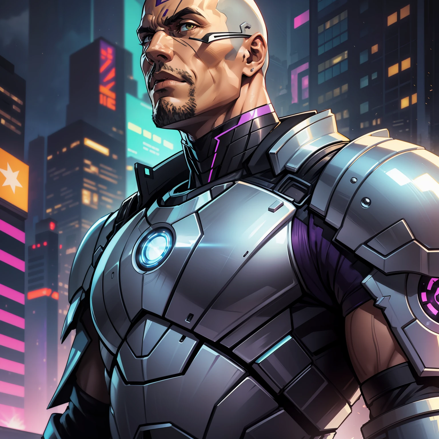 "(symbiont eagle bioarmor metallic purple and black cyberpunk: 1) (1 man) dark theme :: focus on close-up face, Dwayne Johnson face, full body, serious face, futuristic anime cyberpunk extremely muscular and tall man :: bald :: cool theme Cyber ​​Knight's BioArmor :: Knight's Helm:: Natural Lighting :: Bokeh :: 8k :: Best Quality :: Masterpiece :: Stunningly Detailed:1.5"