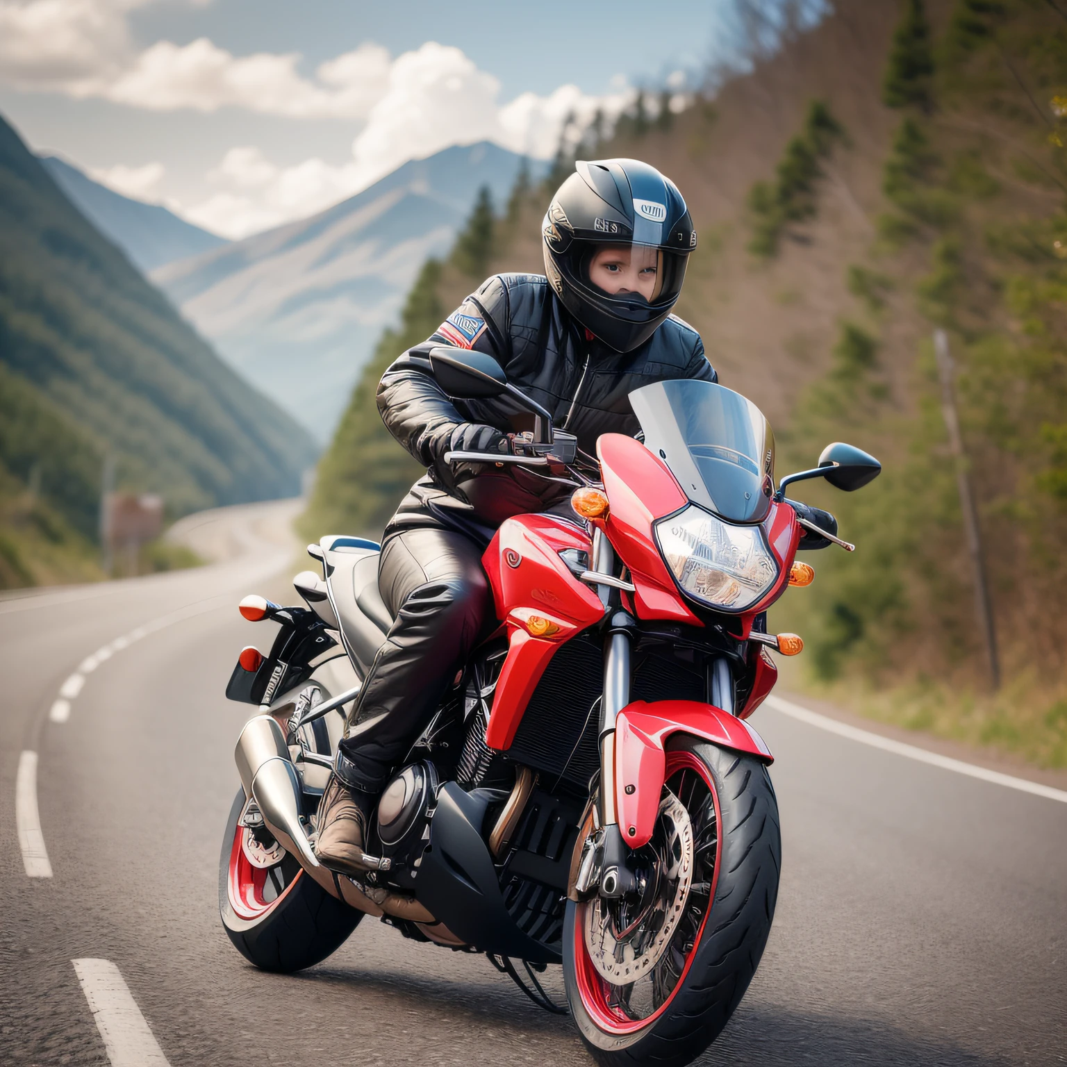 "Anatomically correct" Adult slender woman" "Brown short-cut hair, 24 year old lonely woman," "Beautiful Japan model", "」, 『full face helmet』『 Riders Jacket　long boots』「Spanning a 750cc bike」『Speeding along the curves of the mountain pass』, {  Shiny face、shinny skin、best qualtiy、超A high resolution、depth of fields、chromatic abberation、